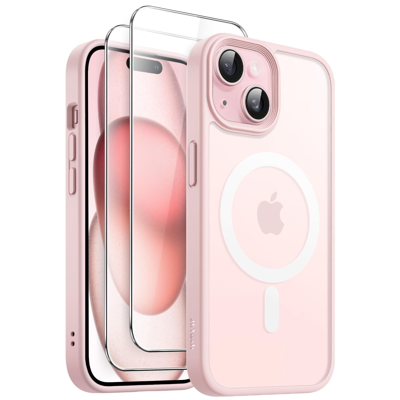 JETech 3 in 1 Magnetic Case for iPhone 15 6.1-Inch | Compatible with MagSafe | 2 Pack Tempered Glass Screen Protectors | Translucent Matte Shockproof Phone Cover (Pink) | Perfect for Everyday Protection & Wireless Charging