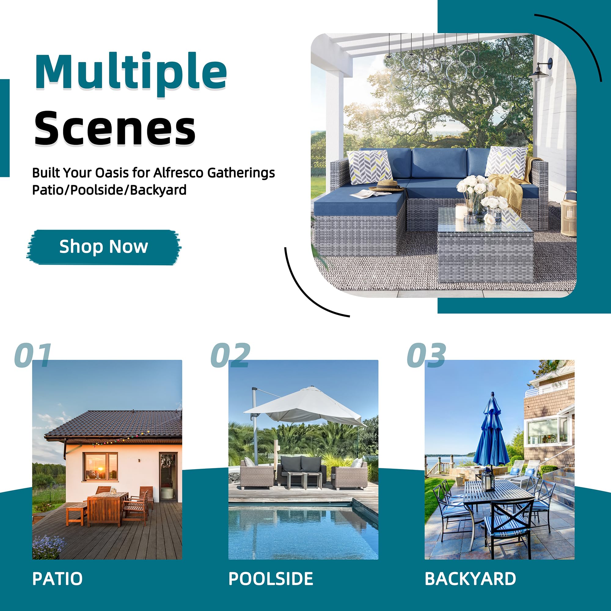 Premium 3-Piece Outdoor Patio Furniture Set with Detachable Cushions - All-Weather PE Rattan Sectional Sofa & Glass Coffee Table (Silver/Aegean Blue) - Perfect for Backyard, Garden, Poolside & Terrace Relaxation