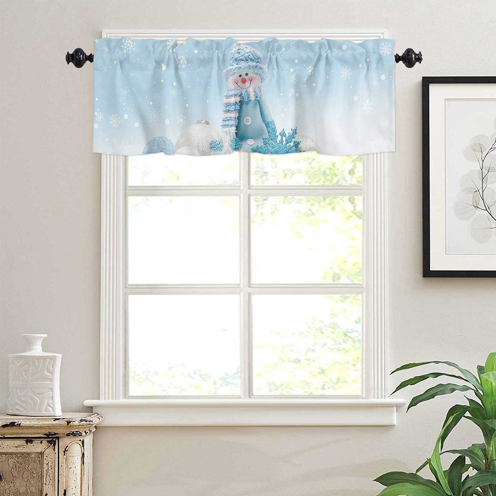 54x18 Inch Short Kitchen Valance Curtains - Christmas Snowman & Snowflakes Design on Blue Background for Small Windows | Perfect for Holiday Decor, Kitchen Windows, and Seasonal Home Styling (HSM-2021-9-13-JITT-SWWF00178CLIAWLD)