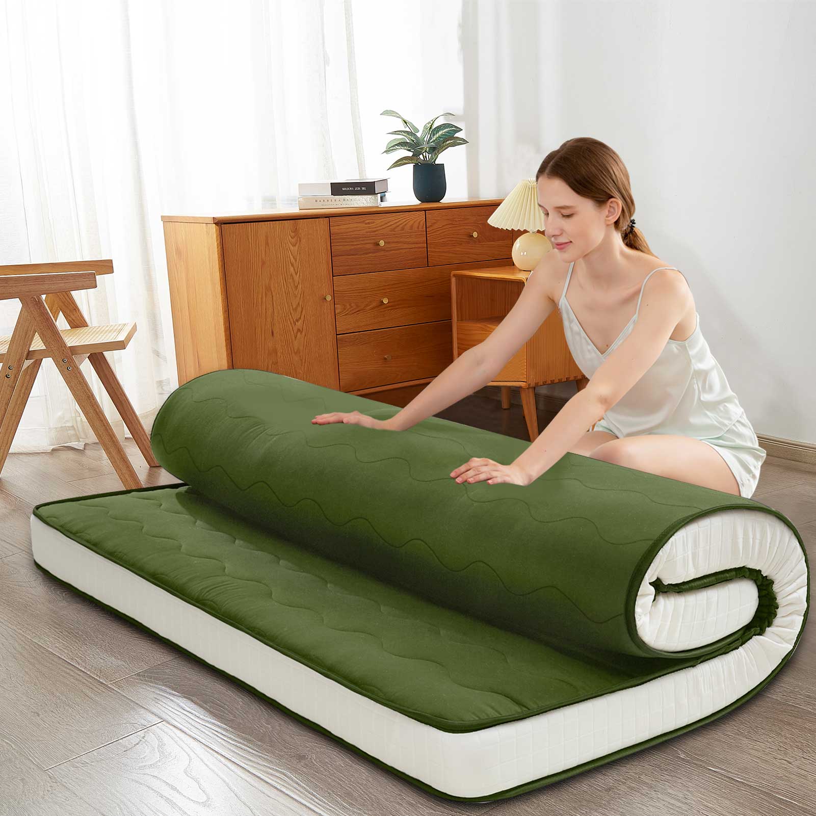 MAXYOYO 6-Inch Extra Thick Japanese Floor Futon Mattress - Premium Diamond Quilting Design for Bedroom, Guest Room & Small Spaces - Green (Queen Size) | Ideal for Apartments, Dorms, Sleepovers & Minimalist Living