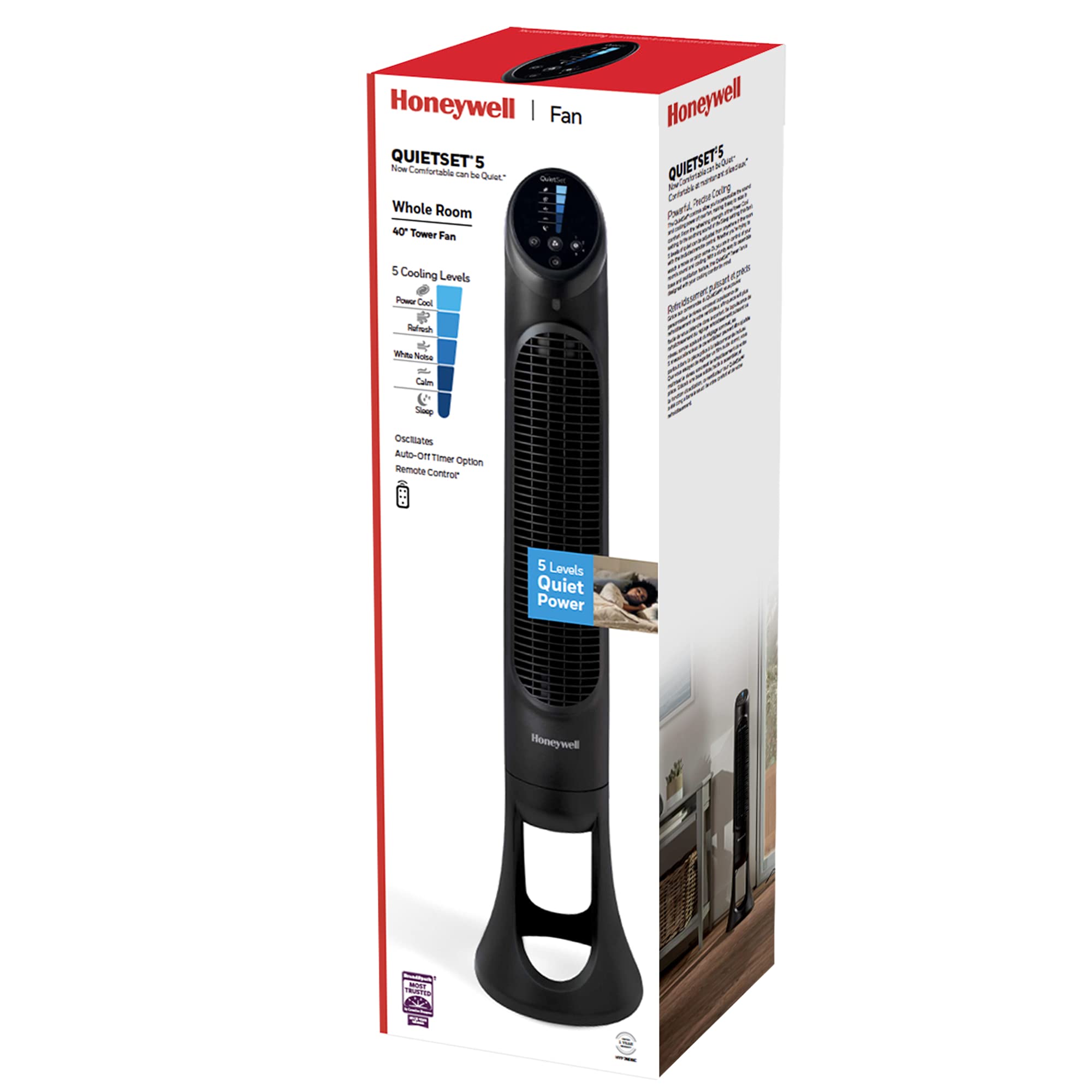 Honeywell QuietSet Tower Fan with 5 Speed Settings - Black | Powerful & Quiet Cooling for Home, Office & Bedroom