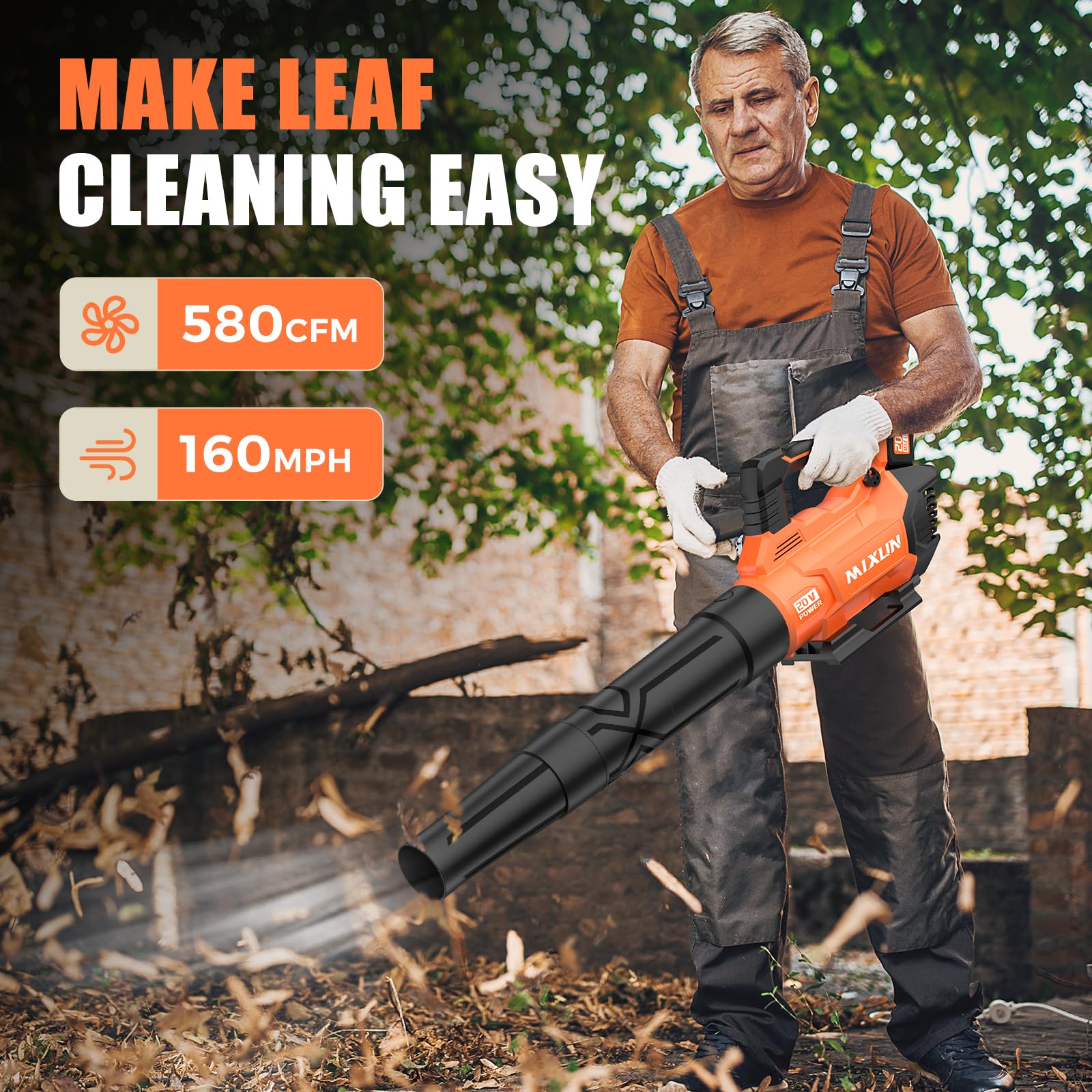 580CFM 160MPH Cordless Leaf Blower with 2 x 4.0Ah Batteries & Fast Charger - 3-Speed Electric Yard Blower with Shoulder Strap for Lawn, Driveway, Patio, Garage Cleaning (Orange) - Perfect for Fall Leaves Removal & Spring Yard Maintenance