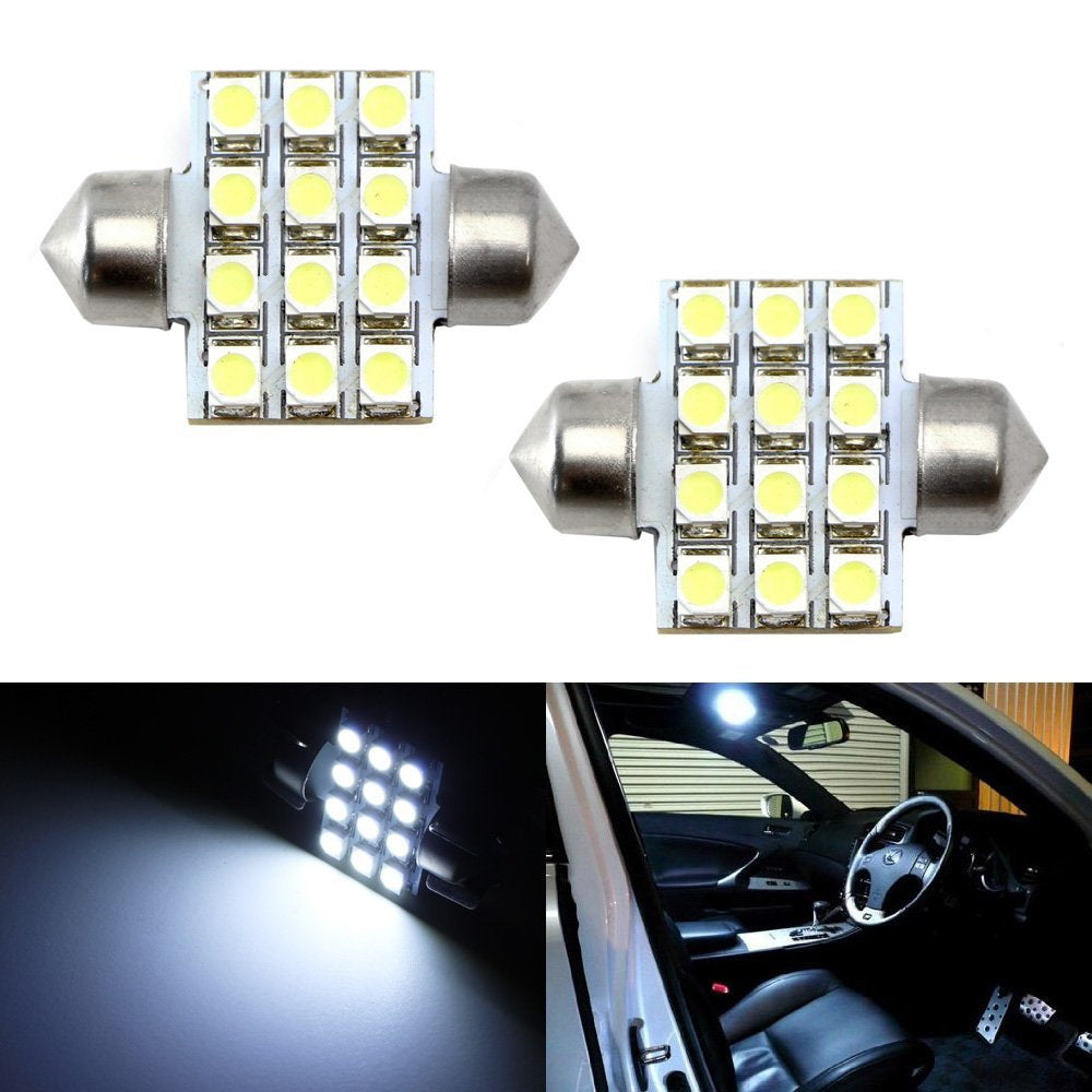 2-Pack White 12 SMD LED Bulbs for Car Interior Dome Lights - 1.25