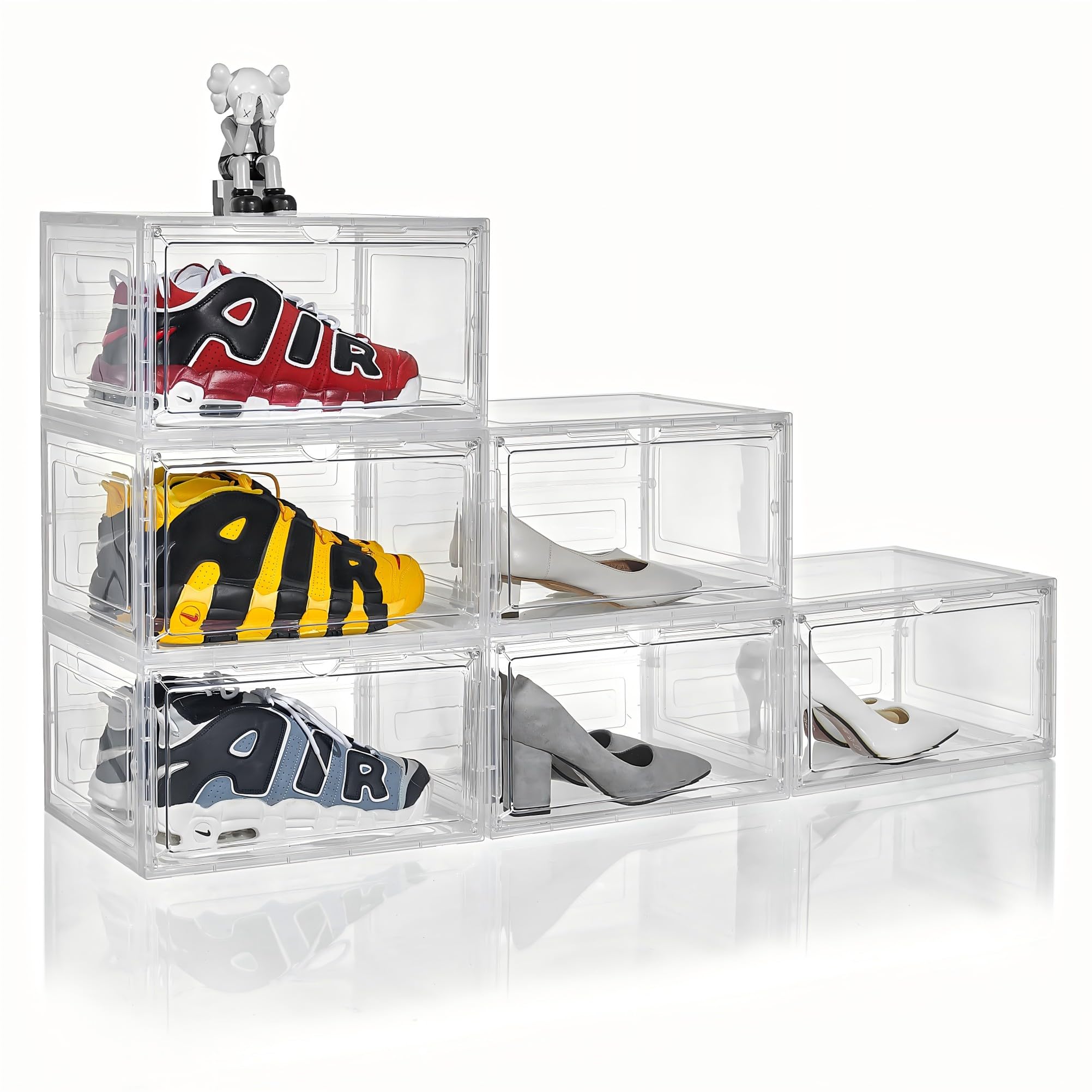 Clear Plastic Stackable Shoe Storage Box Organizer - 6 Pack with Magnetic Door for Sneaker Display | Easy Assembly, White | Perfect for Closet, Bedroom & Sneaker Collection Organization
