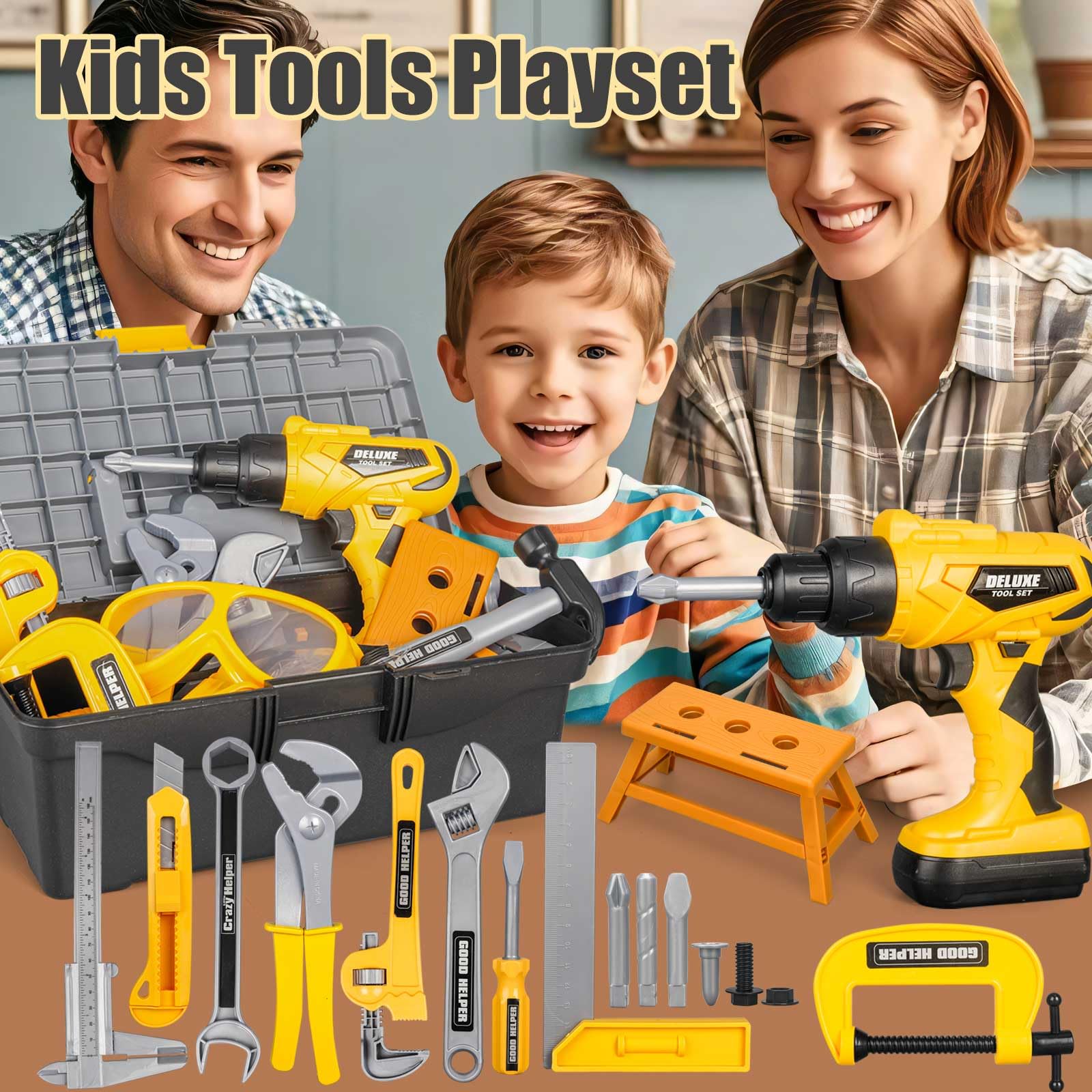 Zealous 48-Piece Kids Tool Set with Tool Box & Electronic Toy Drill - Pretend Play Construction Kit for Toddlers Ages 3-5 - Perfect for DIY Role Play & Early Learning (Yellow) - Great for Birthday Gifts & Preschool Educational Activities