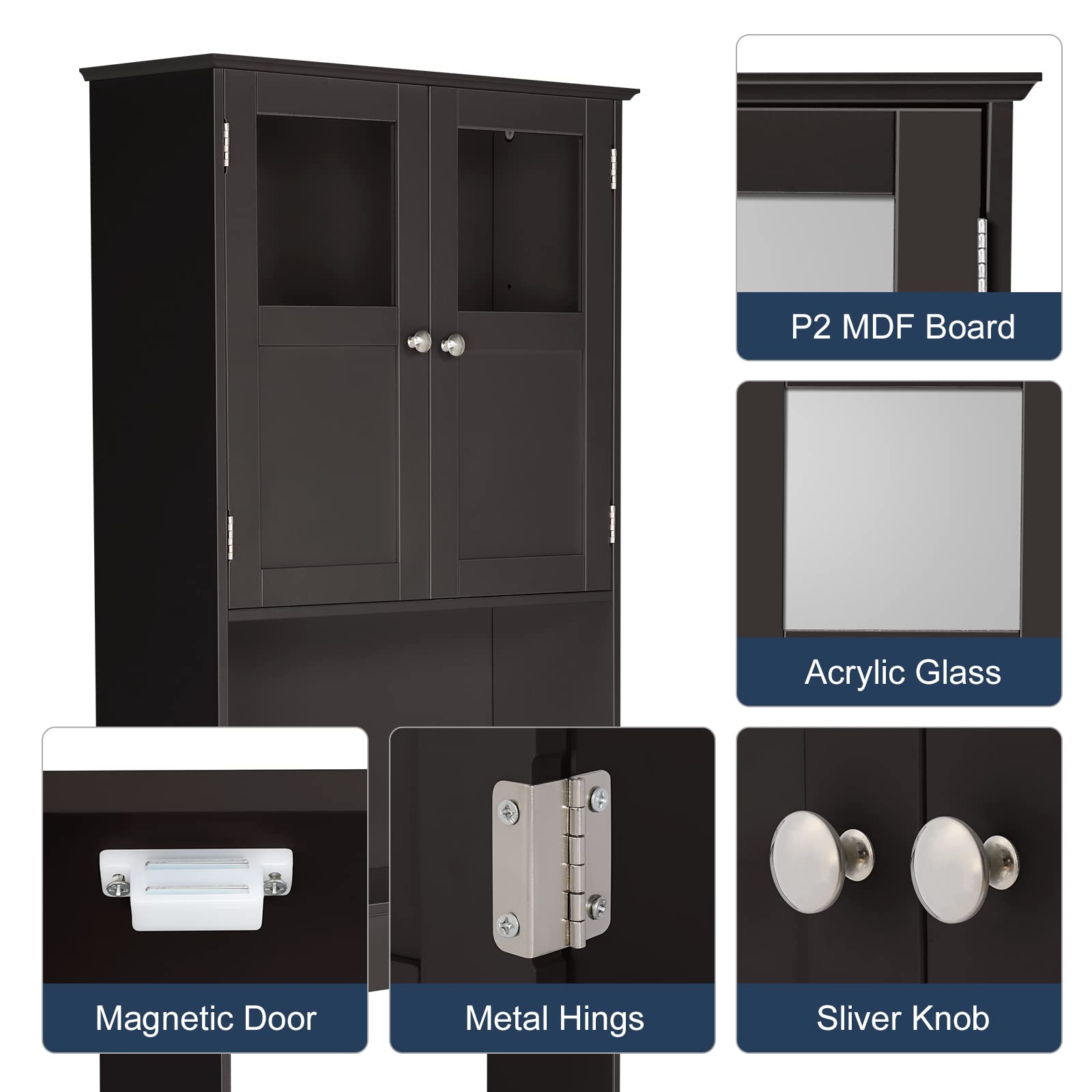 Bonnlo Over The Toilet Storage Cabinet - Freestanding Bathroom Organizer with Double Door Glass Window & Adjustable Shelves - Space Saving Towel Shelf for Toilet Paper, Cosmetics & Bath Essentials (Brown) - Perfect for Small Bathrooms, Apartments & Powder Rooms
