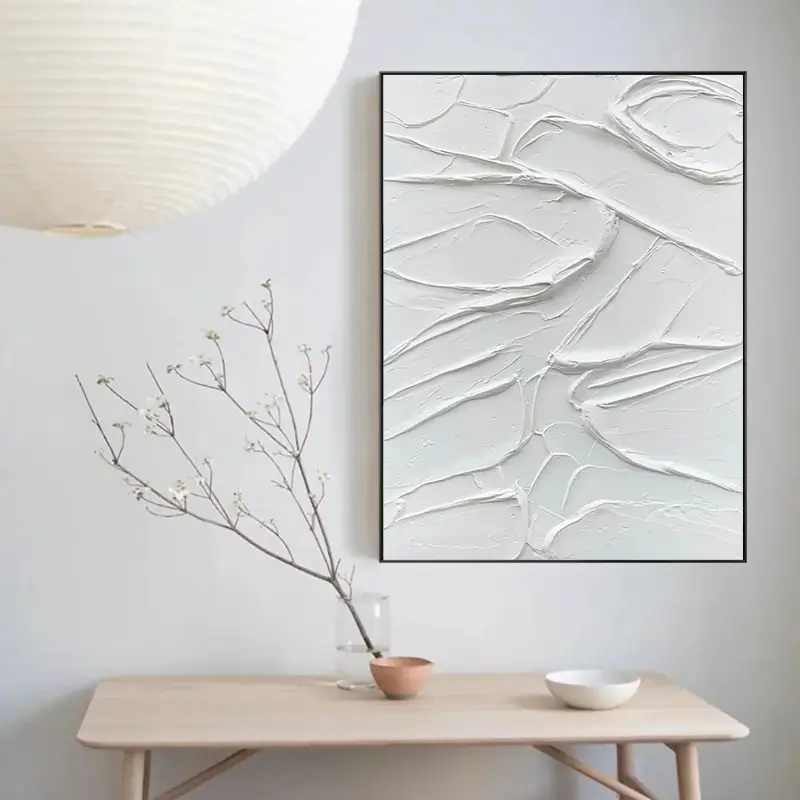 White Minimalist Textured Painting Canvas Wall Art - Modern Abstract Vertical Decor for Living Room, Bedroom & Office | #MM003