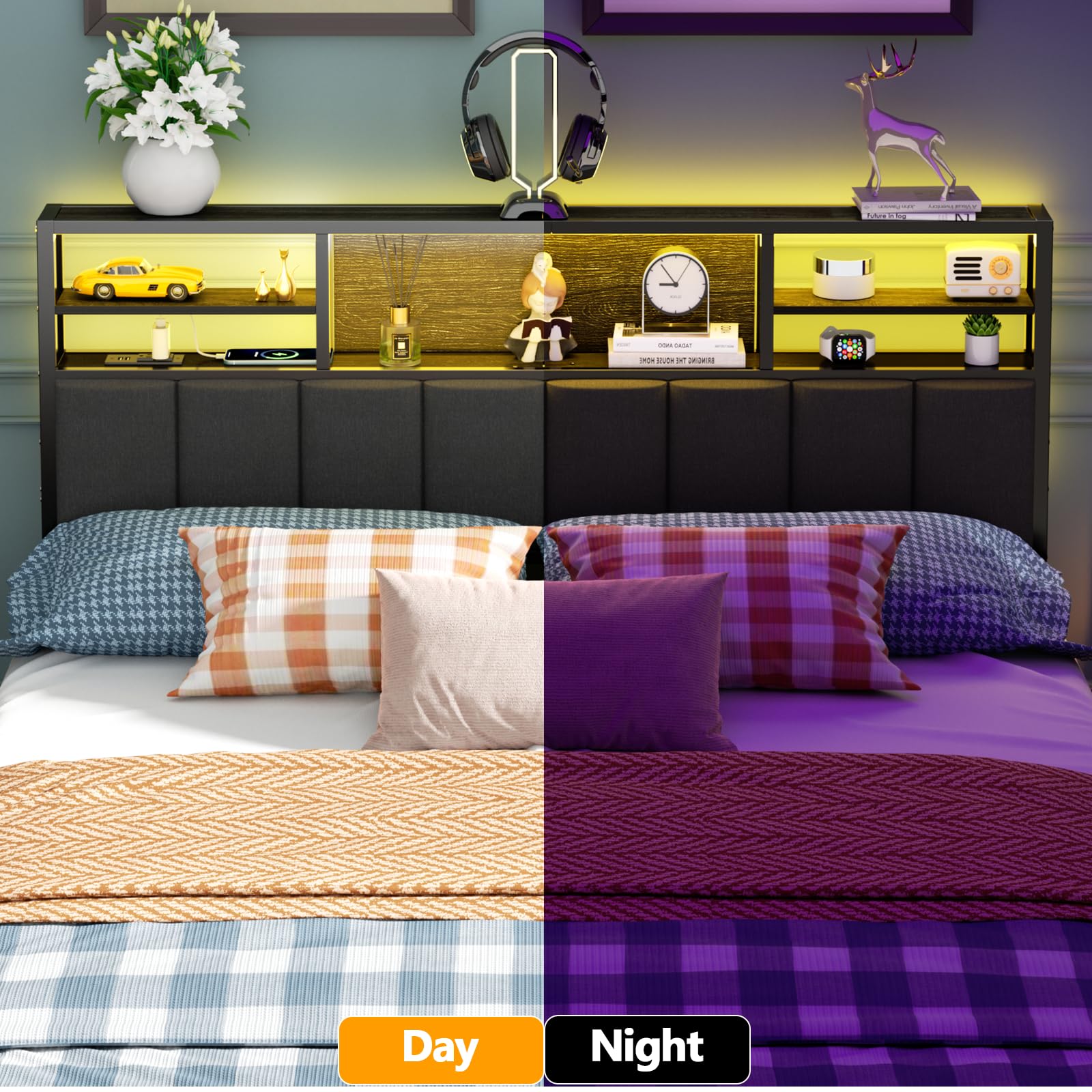 Furnulem Queen Size Bed Headboard with Storage Shelves, USB Ports & Outlets, LED Lighting - Adjustable Height, Sturdy Design with Charging Station - Perfect for Bedroom Organization & Modern Home Decor