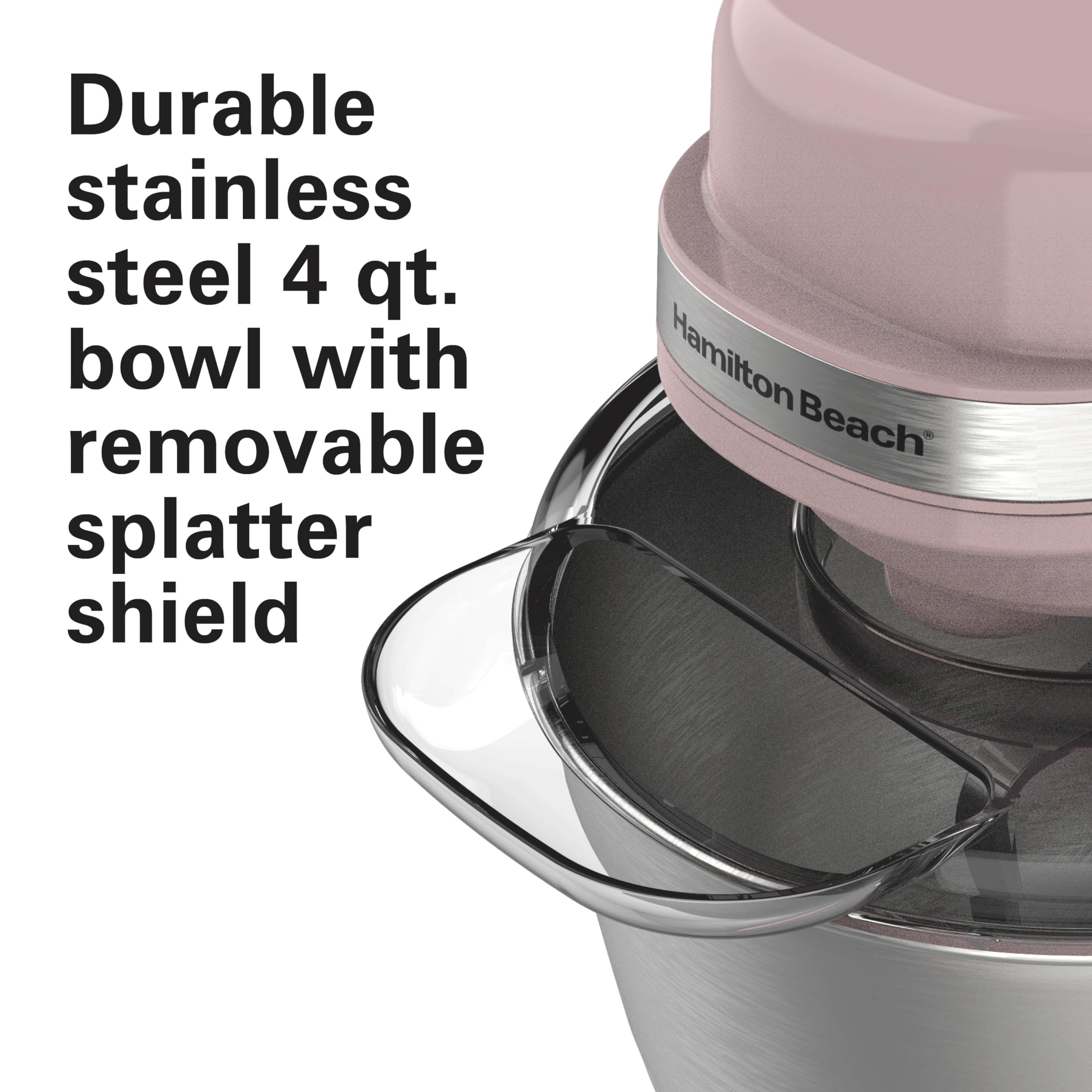 Hamilton Beach 4-Quart Electric Stand Mixer with Dough Hook, Flat Beater & Whisk Attachments - 7 Speed Settings & Splash Guard - Perfect for Baking Cakes, Cookies & Bread Dough (Rose Color)