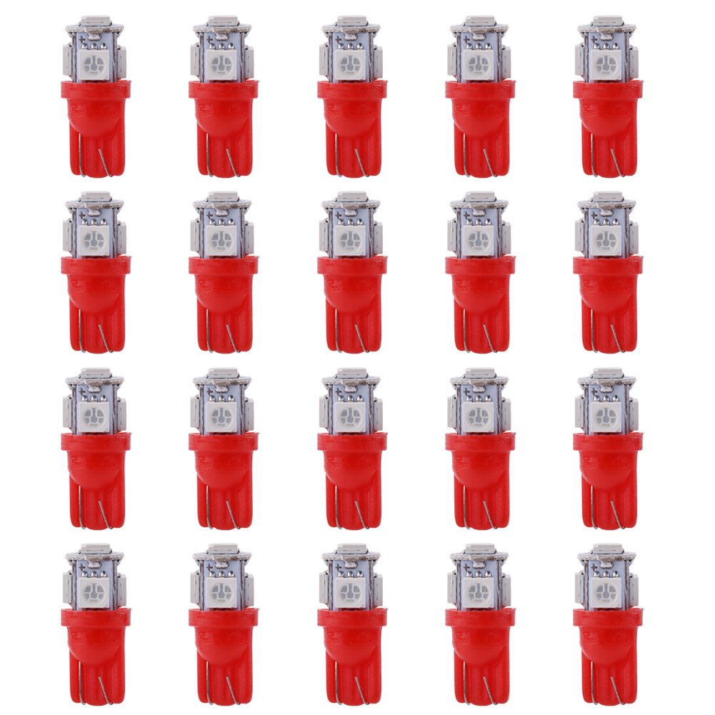 Aramox 20-Pack 12V T10 5050 5 SMD LED Car Light Bulbs - Super Bright Red Wedge Replacement Bulbs for Interior, Dashboard, and License Plate Lights