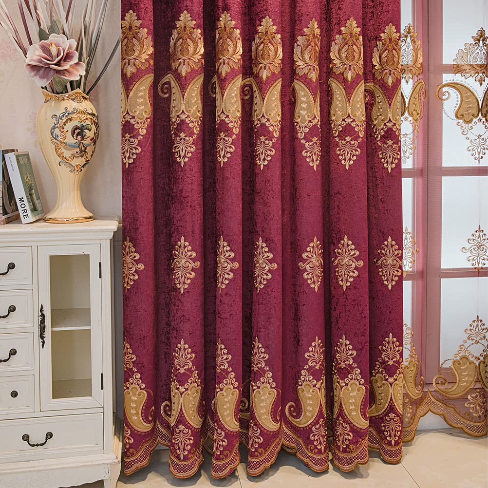 ELKCA Burgundy Red Chenille Curtains with Embroidered Pattern - European Style Grommet Top Window Drapes for Living Room, Bedroom - 52