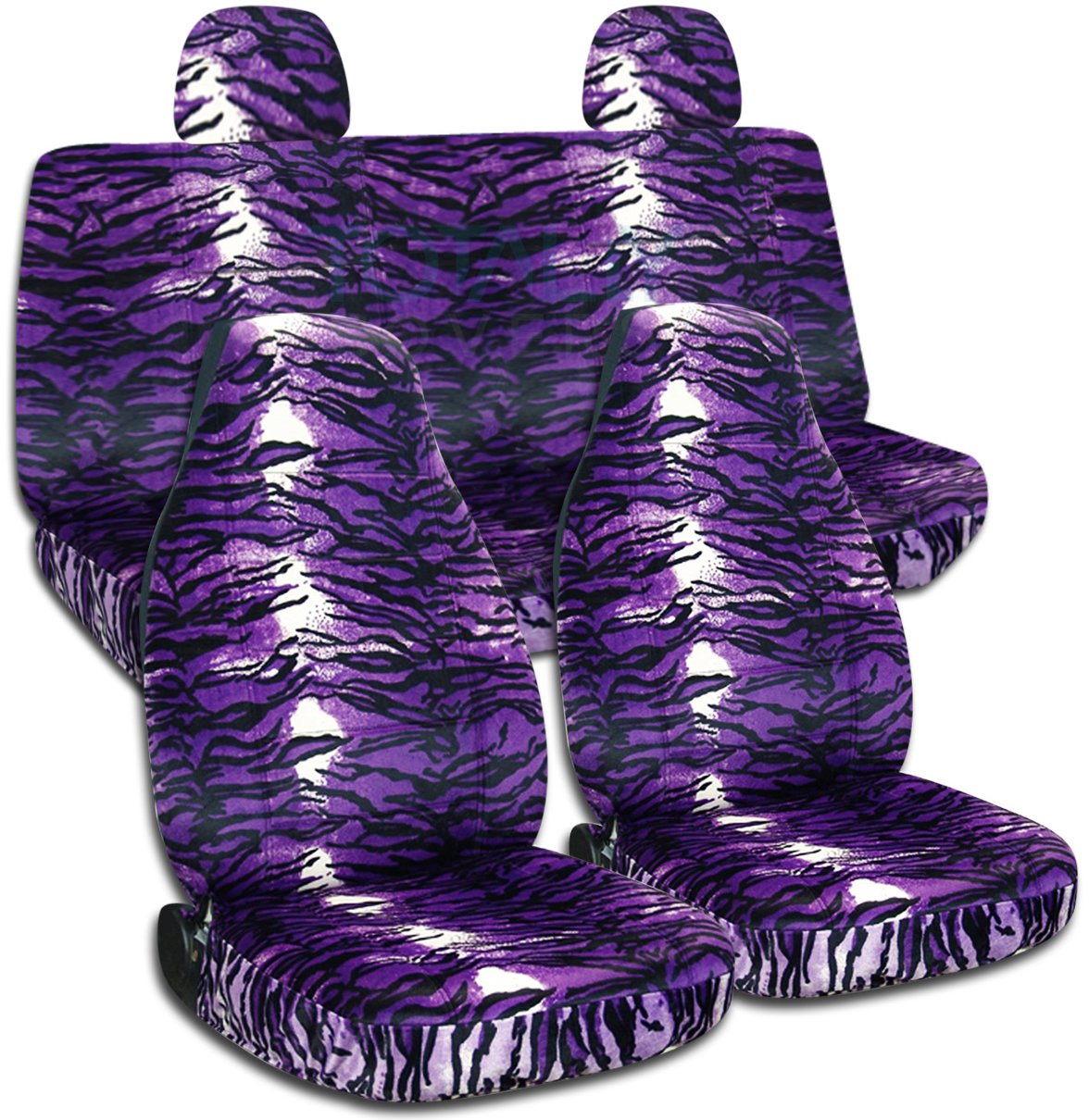 Purple Snow Tiger Print Car Seat Covers Full Set with 2 Rear Headrest Covers - Semi-Custom Fit for Any Car, Truck, Van, RV or SUV - 30 Animal Print Options - Durable Protection for Daily Commute & Road Trips