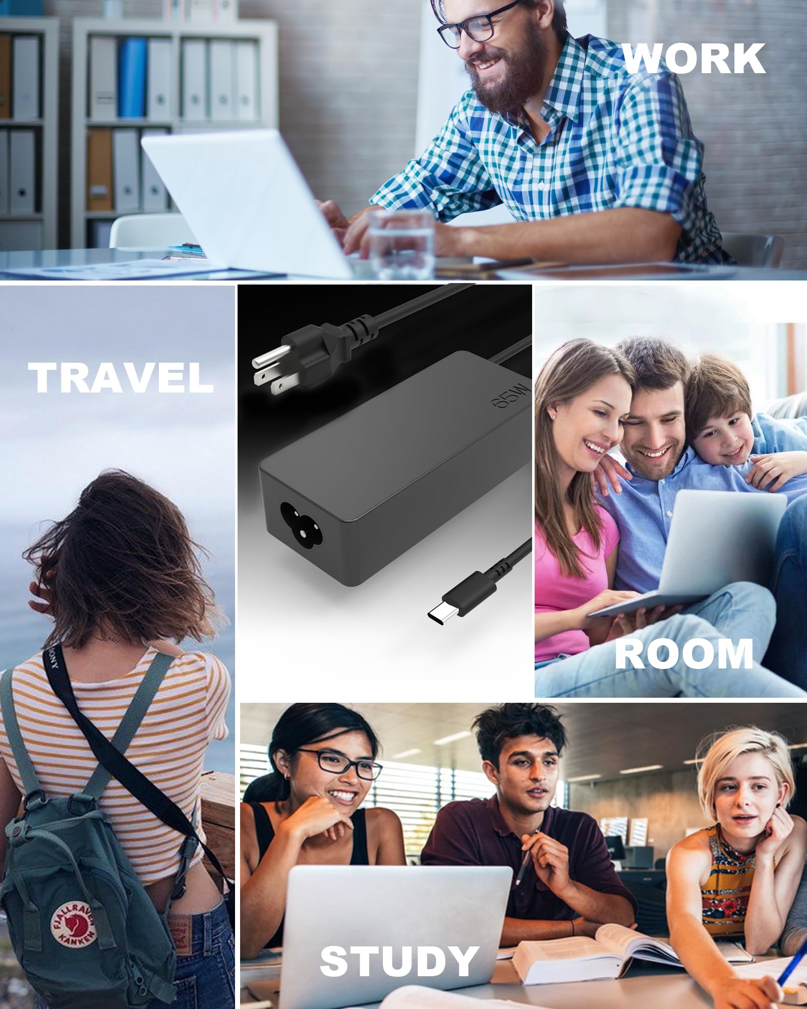 65W USB C Laptop Charger - Universal Fast Charging Adapter for Lenovo Thinkpad/Yoga, HP, Acer, Asus, Samsung, Dell Chromebook & MacBook - Perfect for Home, Office and Travel Use