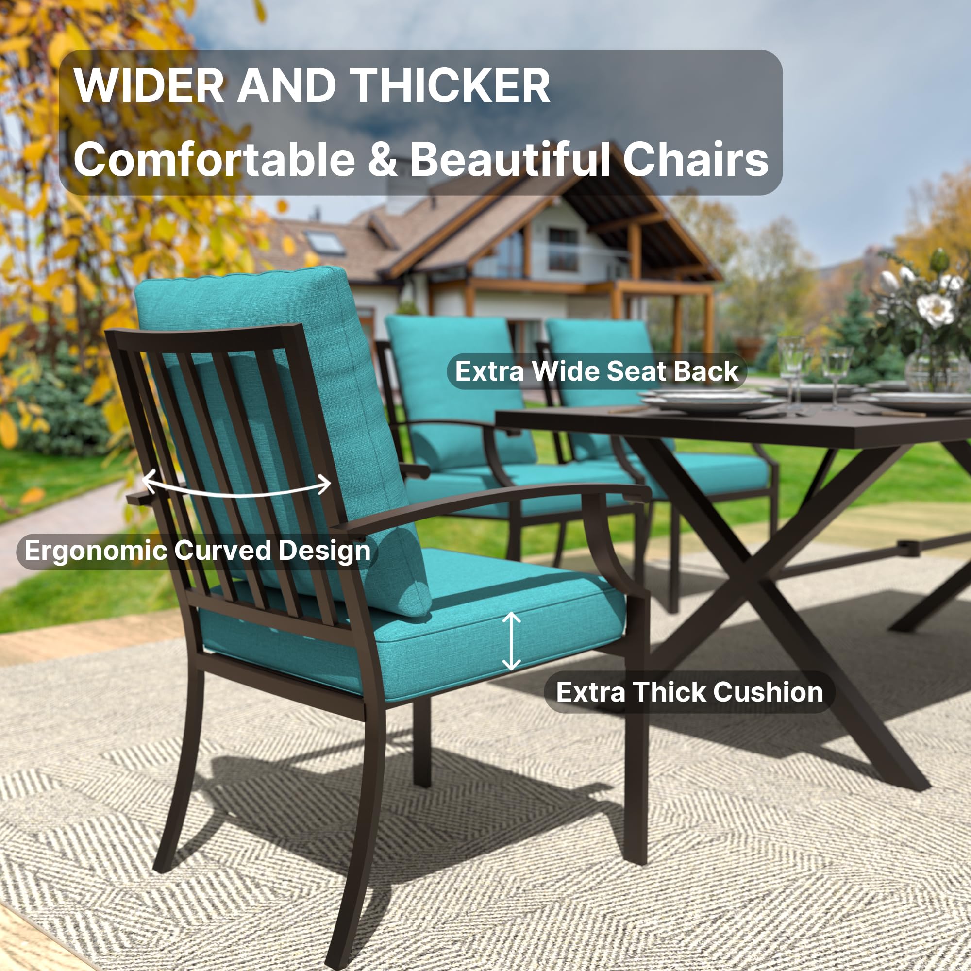 Gotland 7-Piece Outdoor Dining Set for 6 - Modern Rectangular Patio Table with Umbrella Hole & Metal Chairs - Blue Garden Furniture for Backyard, Lawn, Poolside & BBQ Gatherings