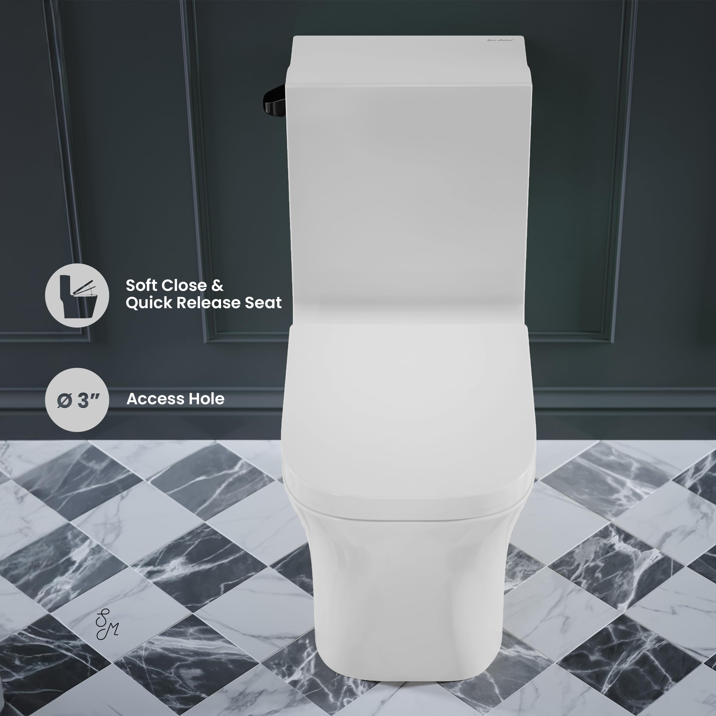 Concorde One-Piece Square Toilet with Side Flush, 1.28 GPF Water Saving Design, Modern Black Hardware - Perfect for Small Bathrooms, Apartments & Contemporary Homes