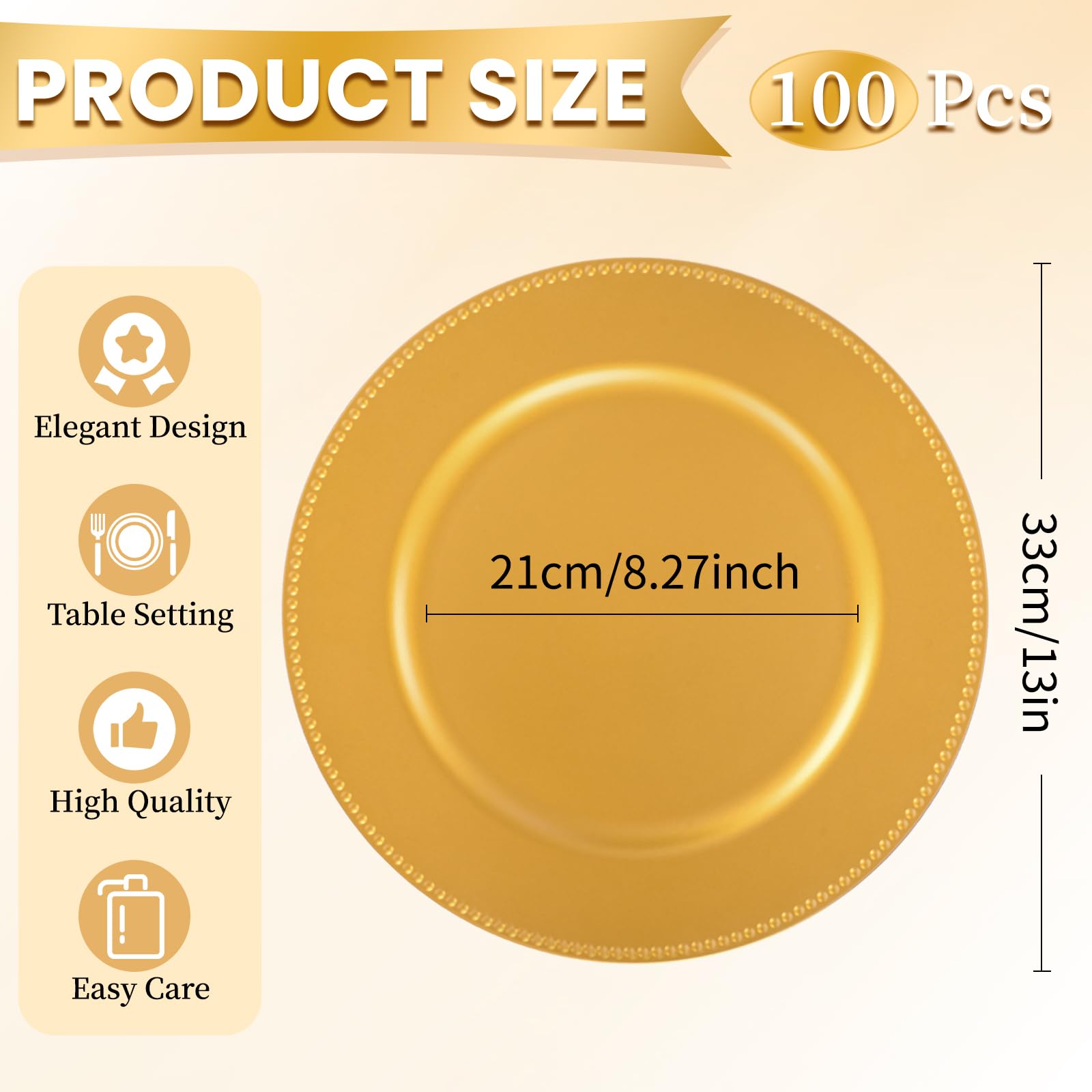 100 Pcs Gold Charger Plates Bulk - 13 Inch Plastic Round Dinner Plates with Beaded Rim, Reusable Charger Service Plates for Christmas, Wedding, Party & Special Events - Elegant Table Setting for Holiday Dinners, Banquets and Formal Occasions