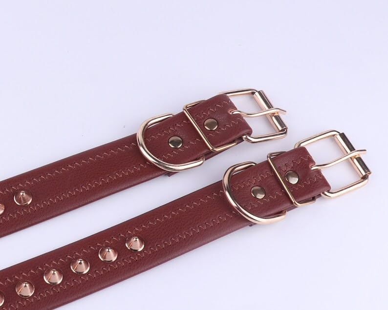 KittuPet Spiked Studded Leather Dog Collar with Mushroom Rivets - Adjustable Small Medium Pet Collar for Dogs & Cats - Durable Brown Leather Puppy & Kitty Collar - Perfect for Daily Walks, Training & Fashion Accessories