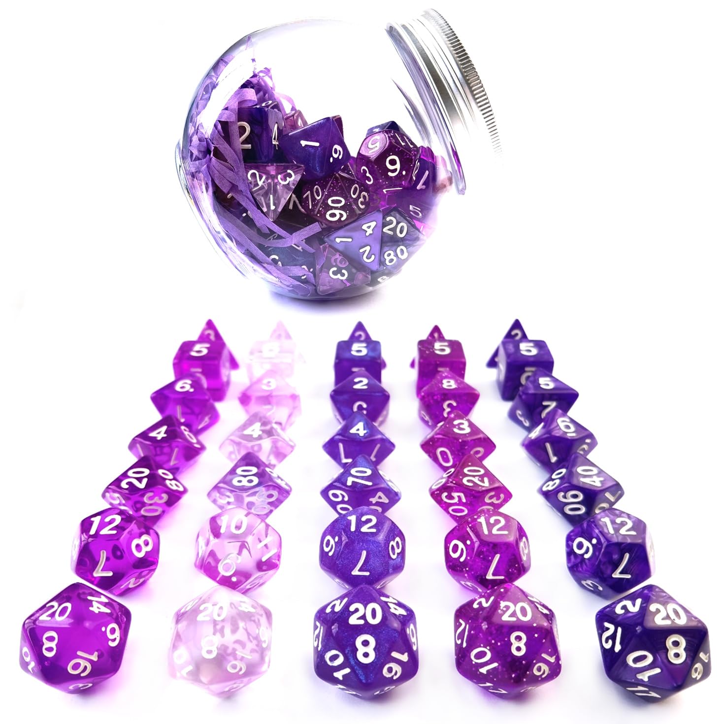 Bescon 35-Piece Polyhedral RPG Dice Set in Amethyst Purple - Complete DND Dice Collection for Dungeons & Dragons, Pathfinder & Tabletop Roleplaying Games | Perfect for Game Nights, Character Creation & Fantasy Adventures