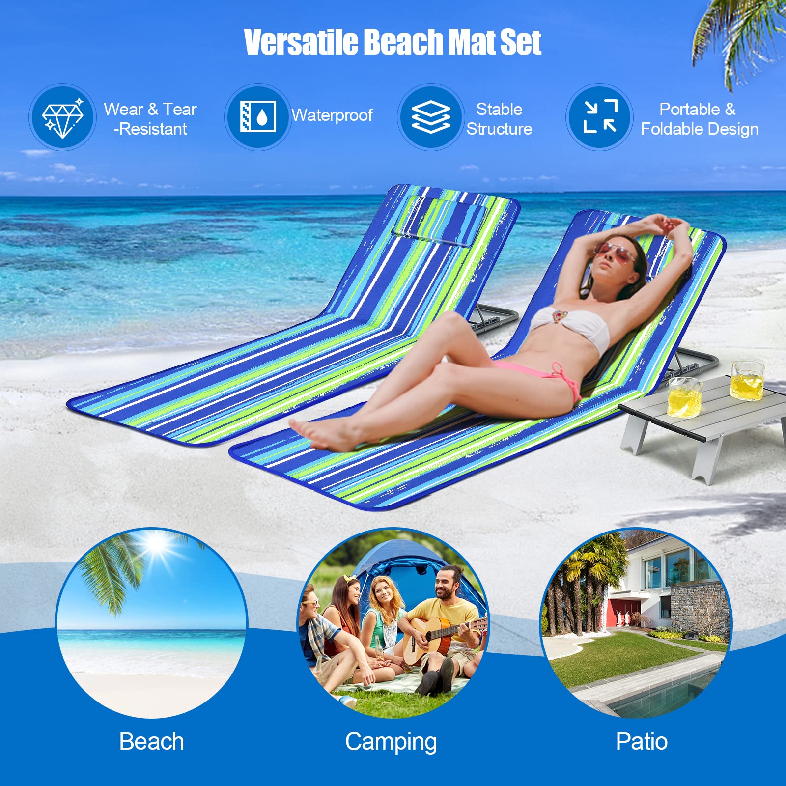 GYMAX Folding Beach Chair with Adjustable Table - Portable Outdoor Lounge Chair for Tanning, Sunbathing, Poolside Relaxing - Includes Pillow & Storage Bag - Perfect for Backyard, Patio, Beach & Camping (Blue Stripe)