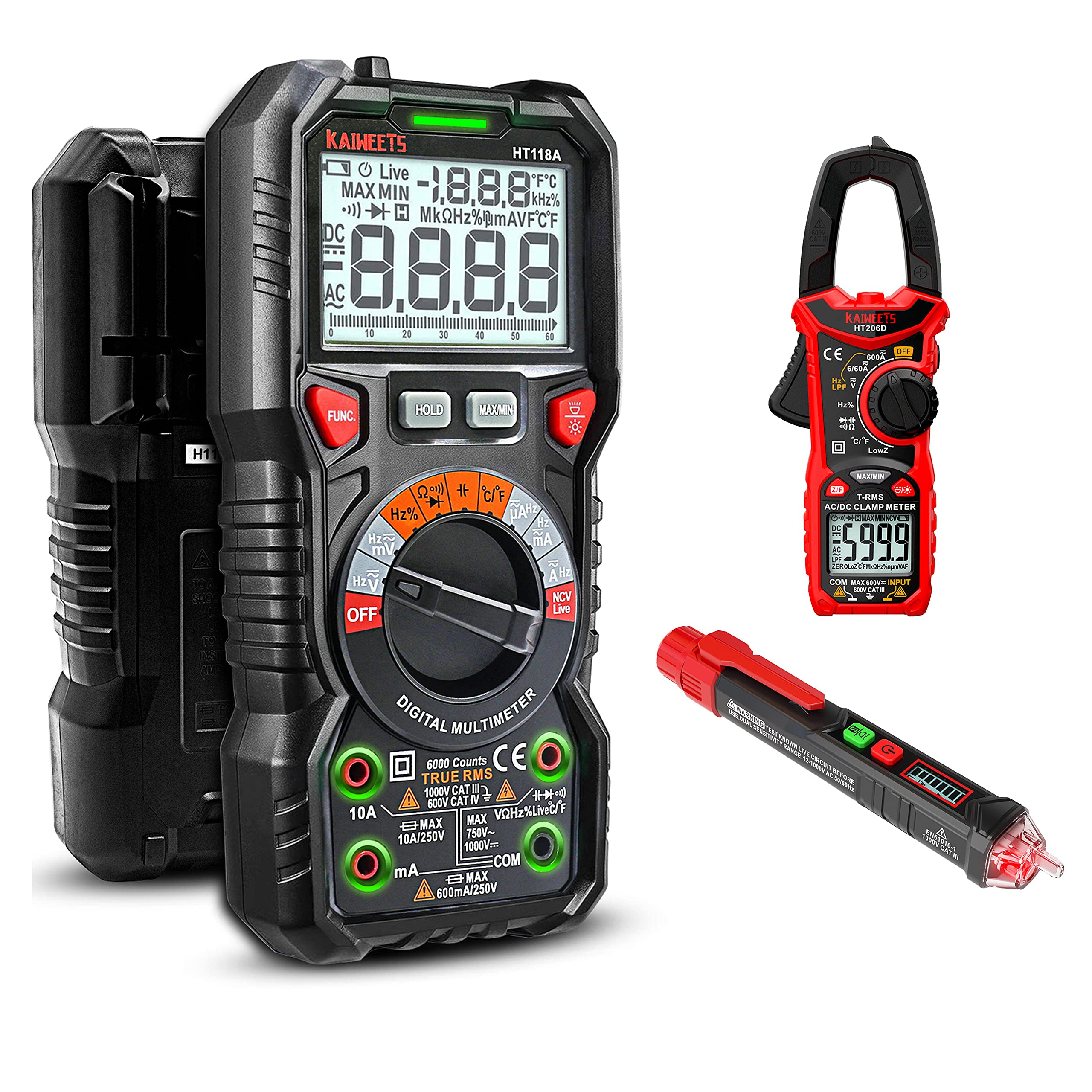 KAIWEETS HT118A Digital Multimeter, HT206D AC/DC Clamp Meter & HT100 Voltage Teter - Professional Electrical Testing Kit for Home, Automotive and Industrial Use