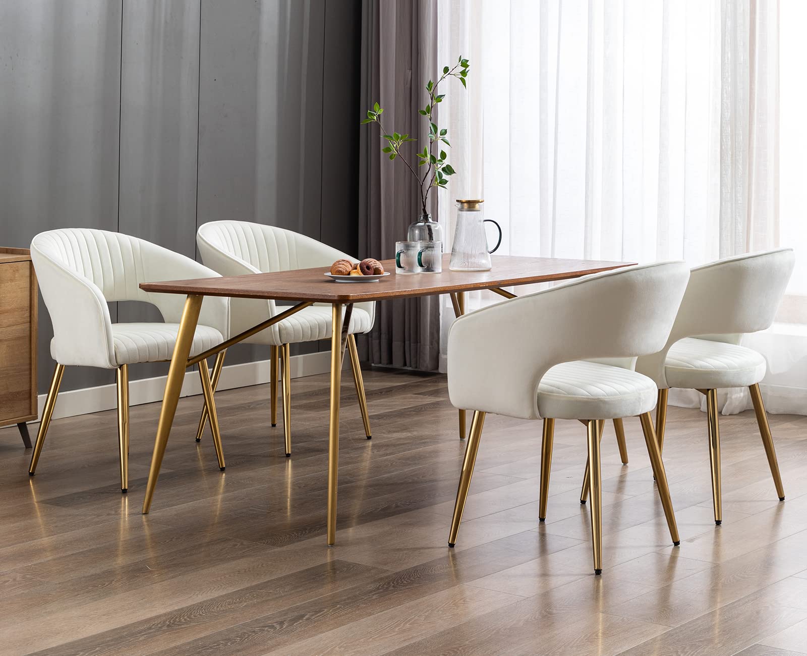 Guyou Cream Velvet Dining Chairs with Gold Legs - Set of 4 Modern Upholstered Kitchen & Dining Room Chairs, Hollow Back Accent Chairs for Living Room, Office, Restaurant & Home Decor (Cream, 4 Pack)