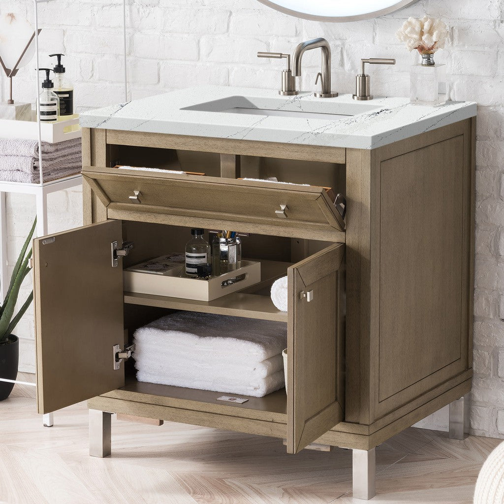 James Martin Vanities Chicago Collection 30-Inch Single Bathroom Vanity in Whitewashed Walnut with Countertop Options - Perfect for Modern Bathroom Renovations & Small Space Solutions