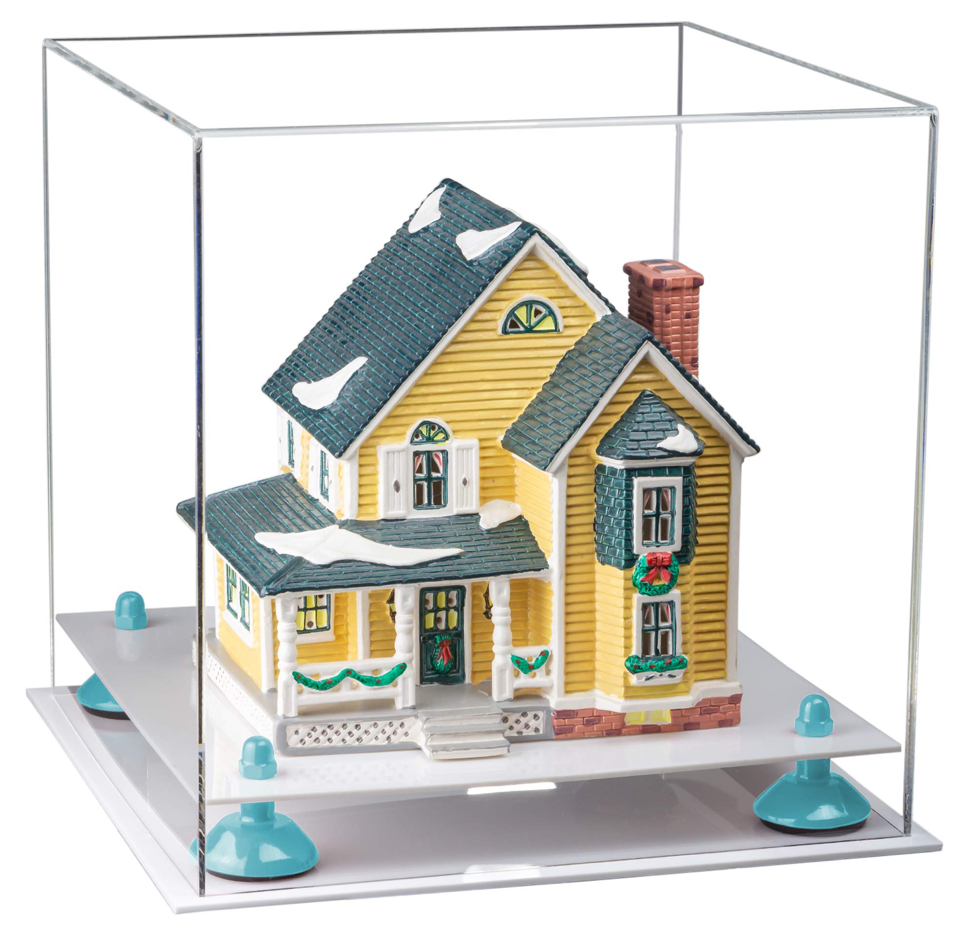 11x11x11 Inch Clear Acrylic Display Case with Light Blue Risers & White Base - Medium Square Box for Collectibles, Jewelry & Retail Displays (A001-BLR) | Perfect for Showcasing Action Figures, Miniatures & Luxury Items