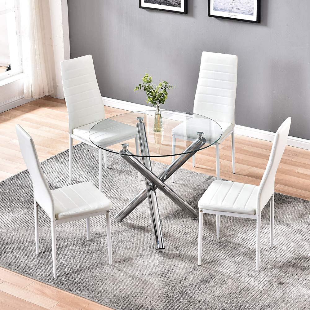 Modern Glass Top Dining Table Set with PU Leather Chairs - Round Tempered Glass Kitchen Table & White Chairs for Small Space, Breakfast Nook, Apartment Dining Room Furniture