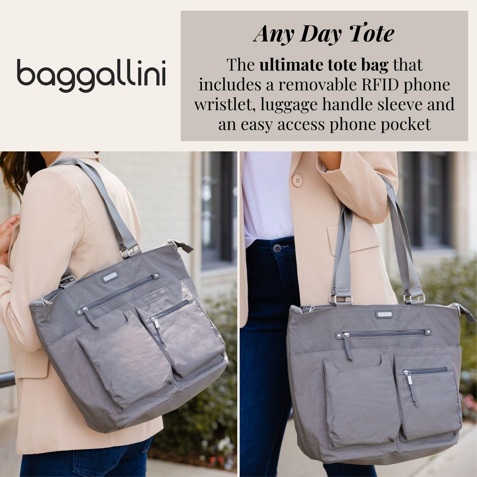 Baggallini RFID Blocking Any Day Tote Bag with Detachable Phone Wristlet - Perfect for Travel, Work & Everyday Use