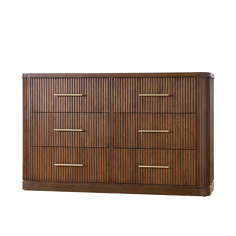 Modern Fluted Solid Wood Dresser with 6 Drawers - Oak Texture Bedroom Furniture for Master Bedroom, Guest Room & Nursery Storage