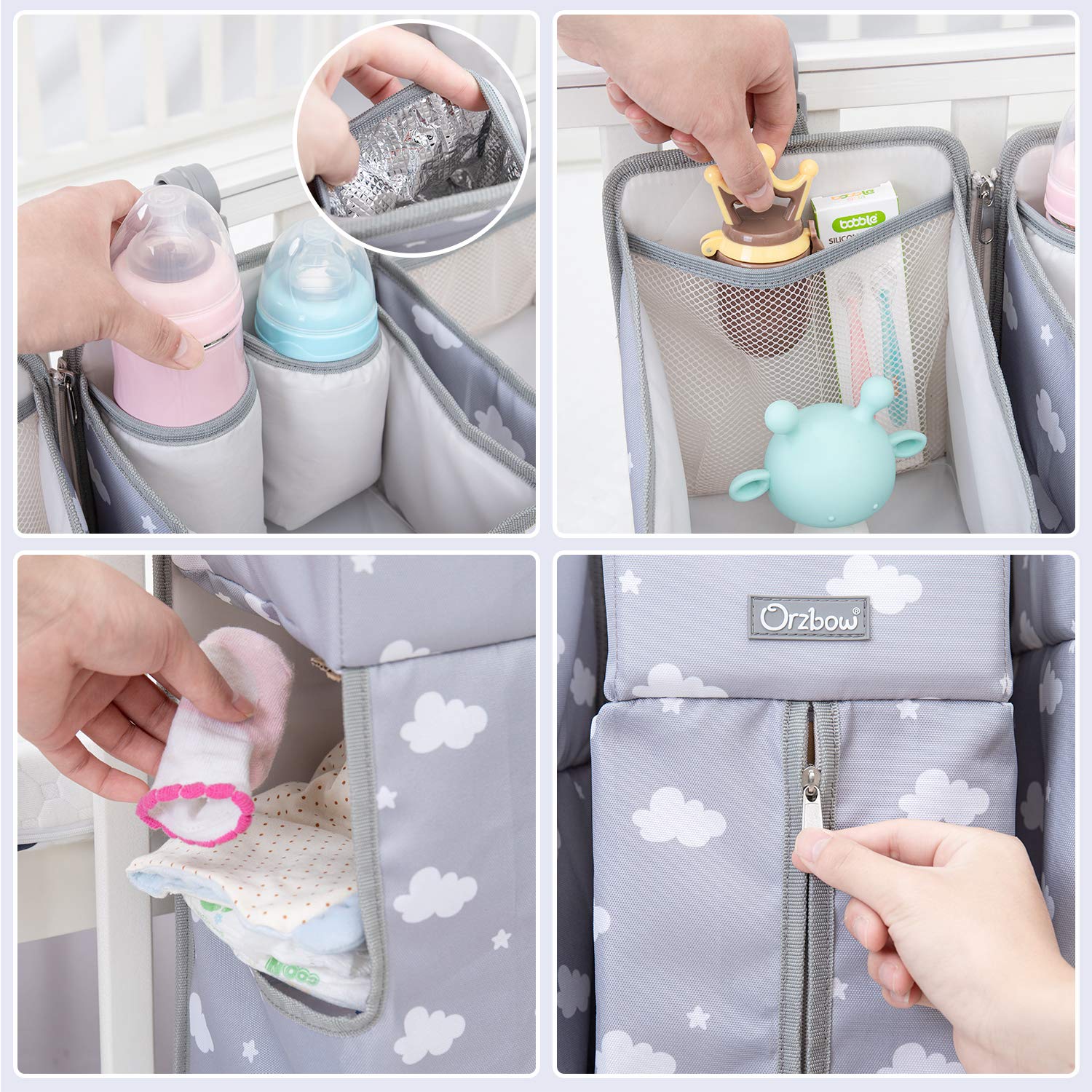 Orzbow 3-in-1 Baby Diaper Caddy & Nursery Organizer | Portable Hanging Storage for Diapers, Wipes & Baby Essentials | Perfect for Crib, Changing Table or Nursery Wall (Gray) | Ideal for Quick Diaper Changes & Organized Nursery Spaces