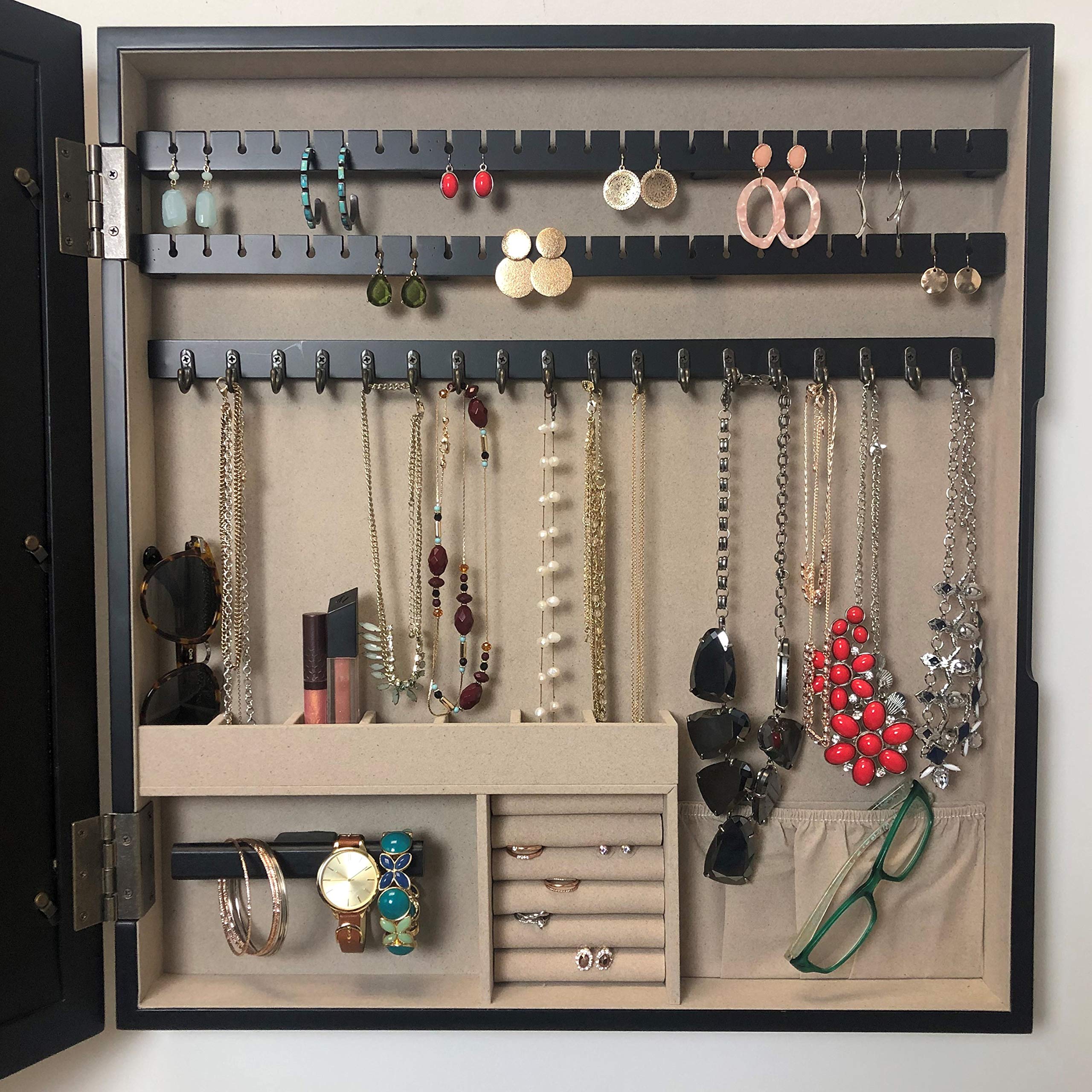 Wall-Mounted Jewelry Cabinet with Picture Frame - Space Saving Storage Organizer for Necklaces, Rings & Earrings - Perfect for Bedroom, Closet or Bathroom Organization (Black)