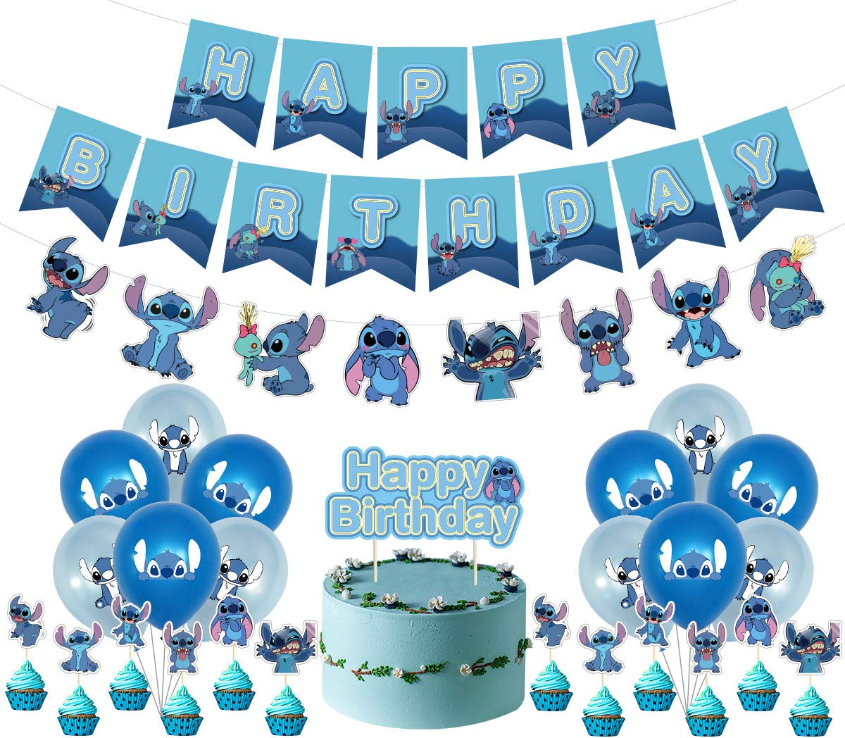 Lilo and Stitch Birthday Party Decorations Set - Stitch Themed Banner, Cake Toppers & Balloons for Disney Themed Birthday Party - Perfect for Kids Birthday, Baby Shower & Disney Party Decorations