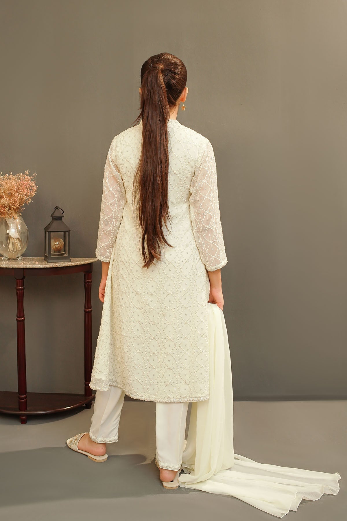 Elegant Chiffon Embroidered Off-White Stitched Suit in Ochre | Women's Formal Wear for Weddings & Special Occasions