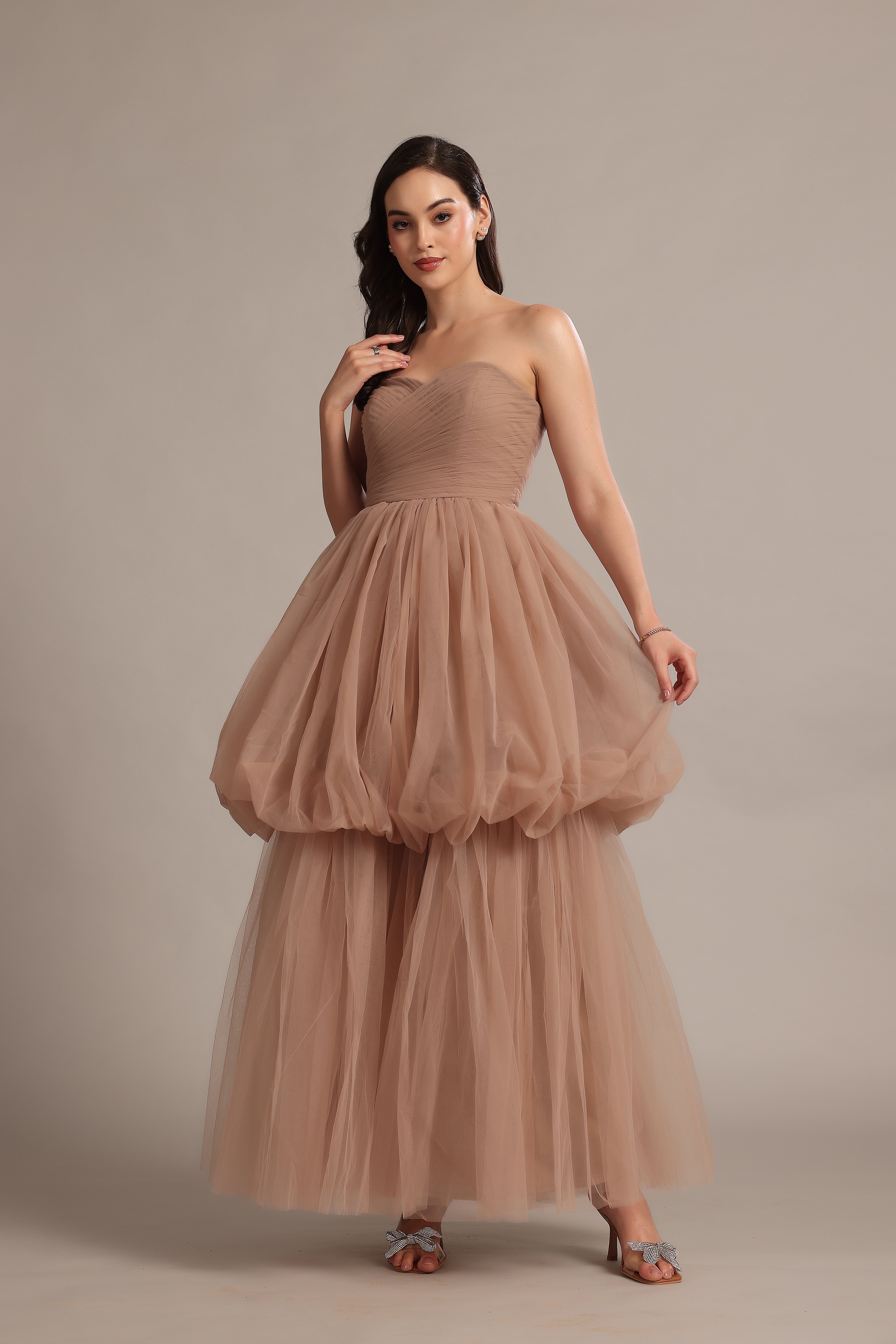 Elegant Nala Strapless Maxi Dress in Taupe - Flowy Beach Wedding Gown for Summer Vacations & Boho Parties