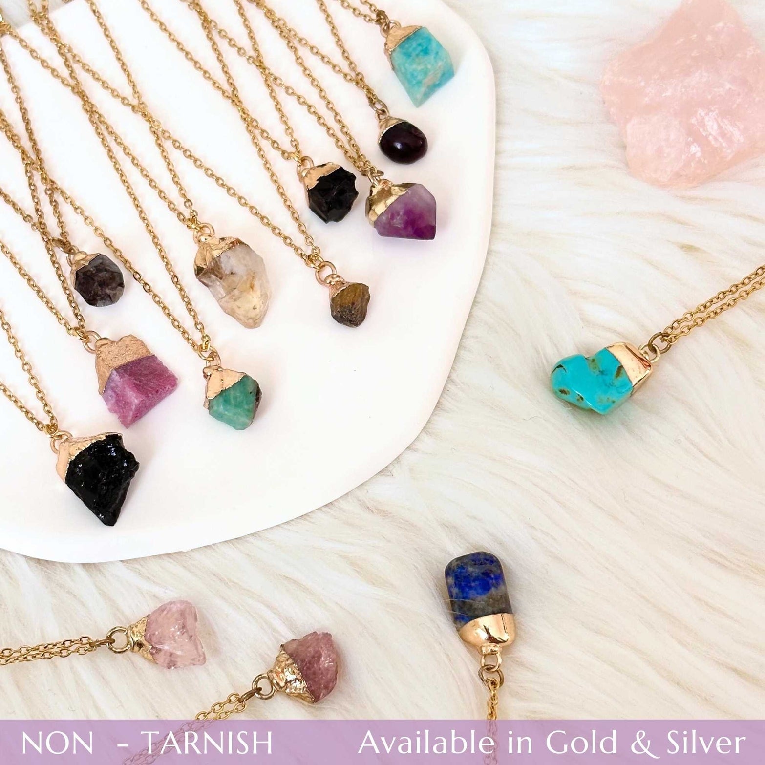 Natural Raw Crystal Necklace Set - Gold & Silver Plated Healing Gemstone Jewelry for Women | Boho Chic Style, Spiritual Energy, Meditation & Everyday Wear