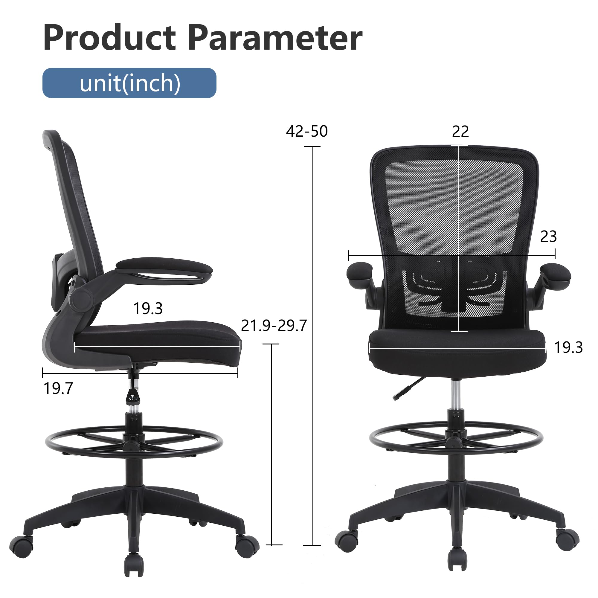 Ergonomic Drafting Chair - Adjustable Height Office Chair with Lumbar Support, Mesh Back & Footrest - Flip-Up Arms for Standing Desk or Computer Workstation - Perfect for Home Office, Architects & Designers (Black)
