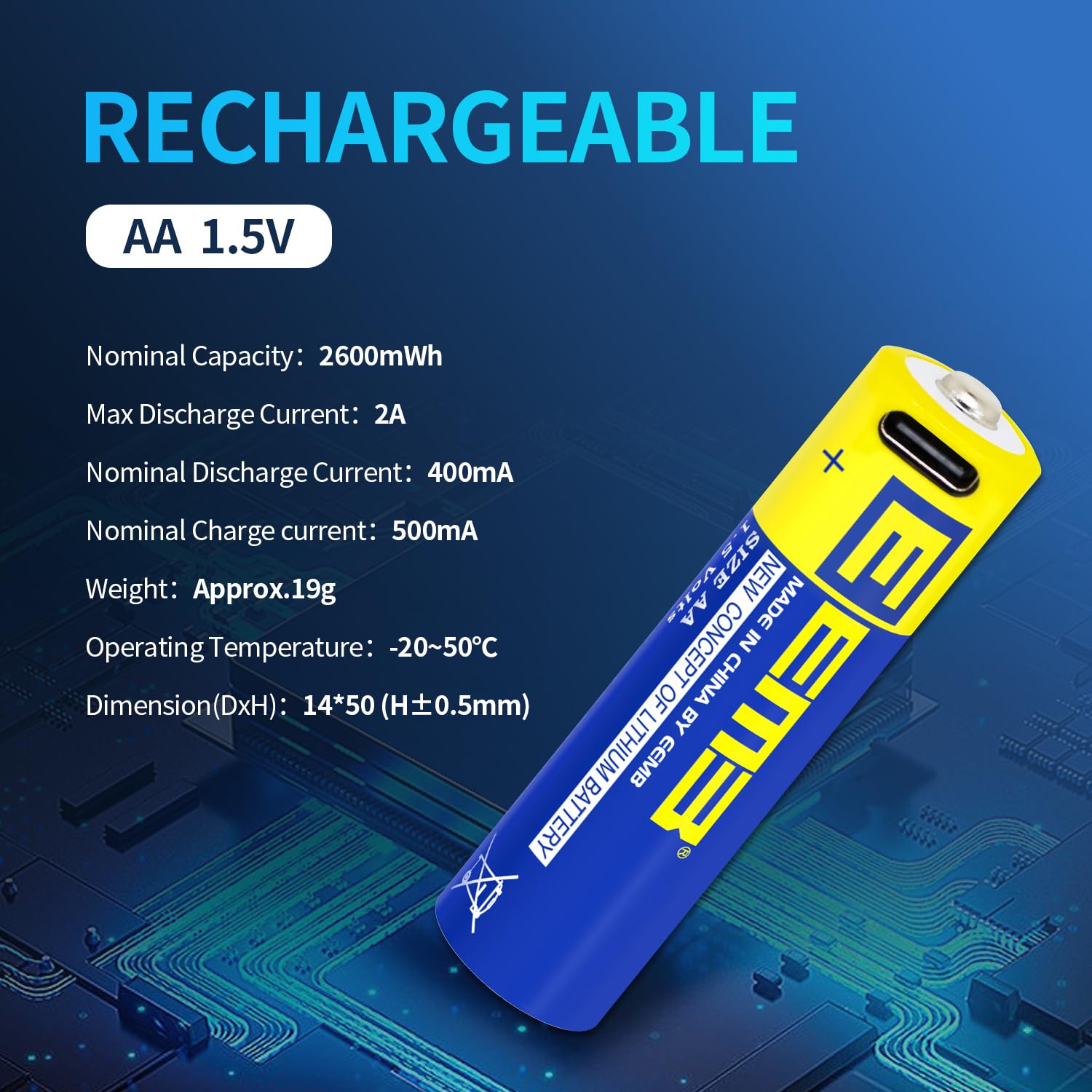 EEMB 8-Pack AA Rechargeable Lithium Batteries 1.5V 2600mWh with USB Type-C & 4-in-1 Charging Cable - Long-Lasting Power for Flashlights, Toys, Cameras, and Electronic Devices
