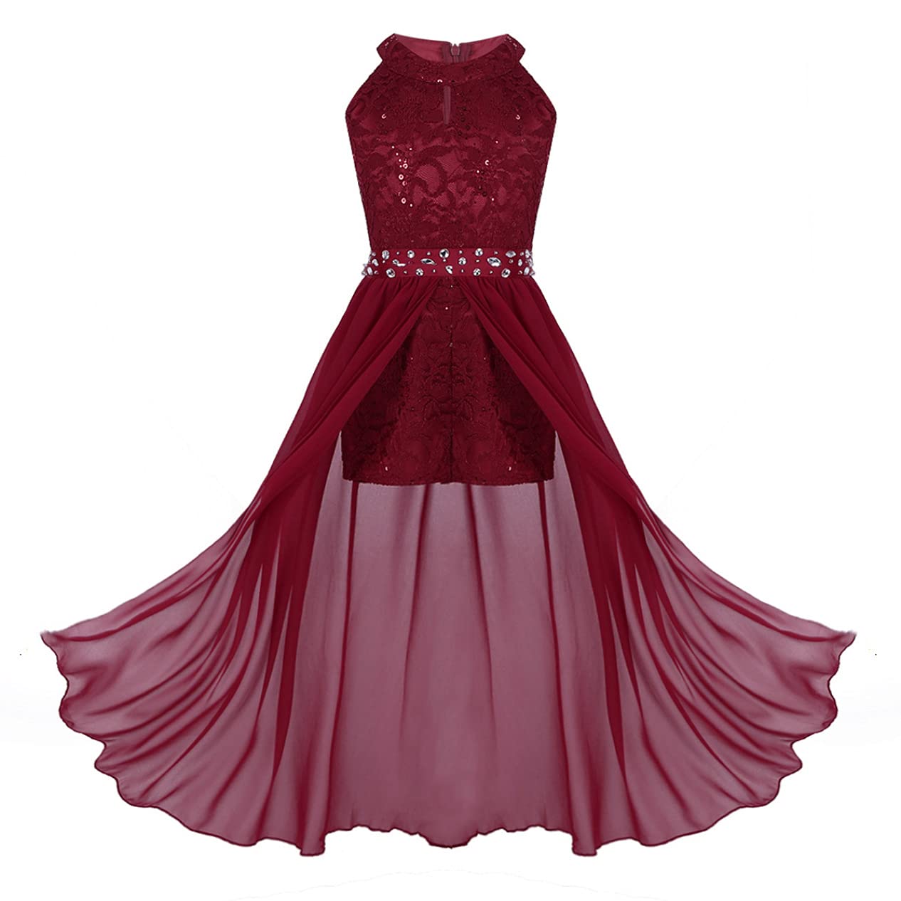 Girls Floral Lace Rhinestone Chiffon Dress - High Low Hem Princess Party Gown for Birthday, Formal Occasions & Special Events - Perfect for Weddings, Pageants, Photo Shoots & Holiday Celebrations