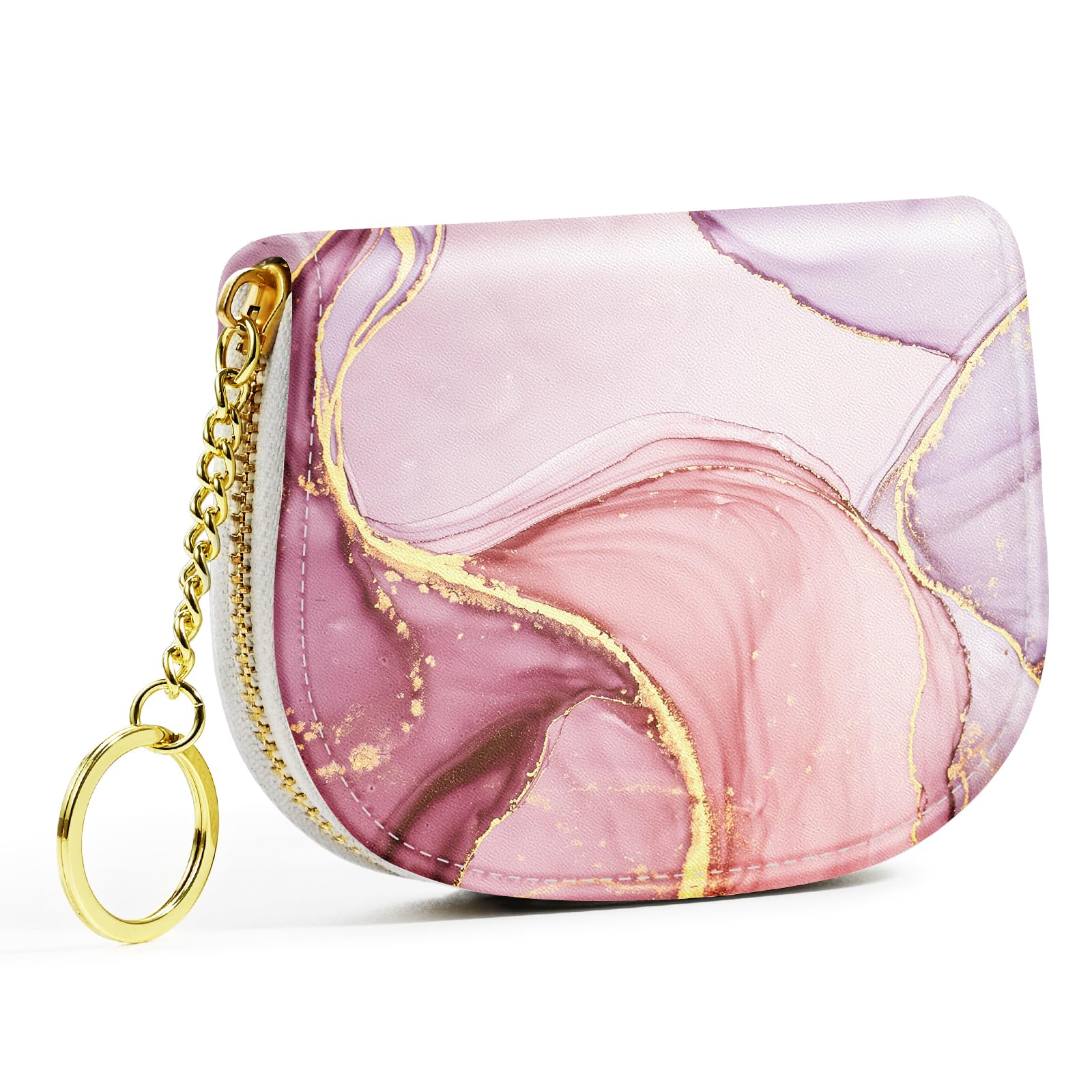 RFID Blocking Slim Leather Credit Card Holder Wallet for Women - Mini Zipper Keychain & Business Card Organizer (Pink Marble) | Perfect for Everyday Use, Travel & Gift Giving
