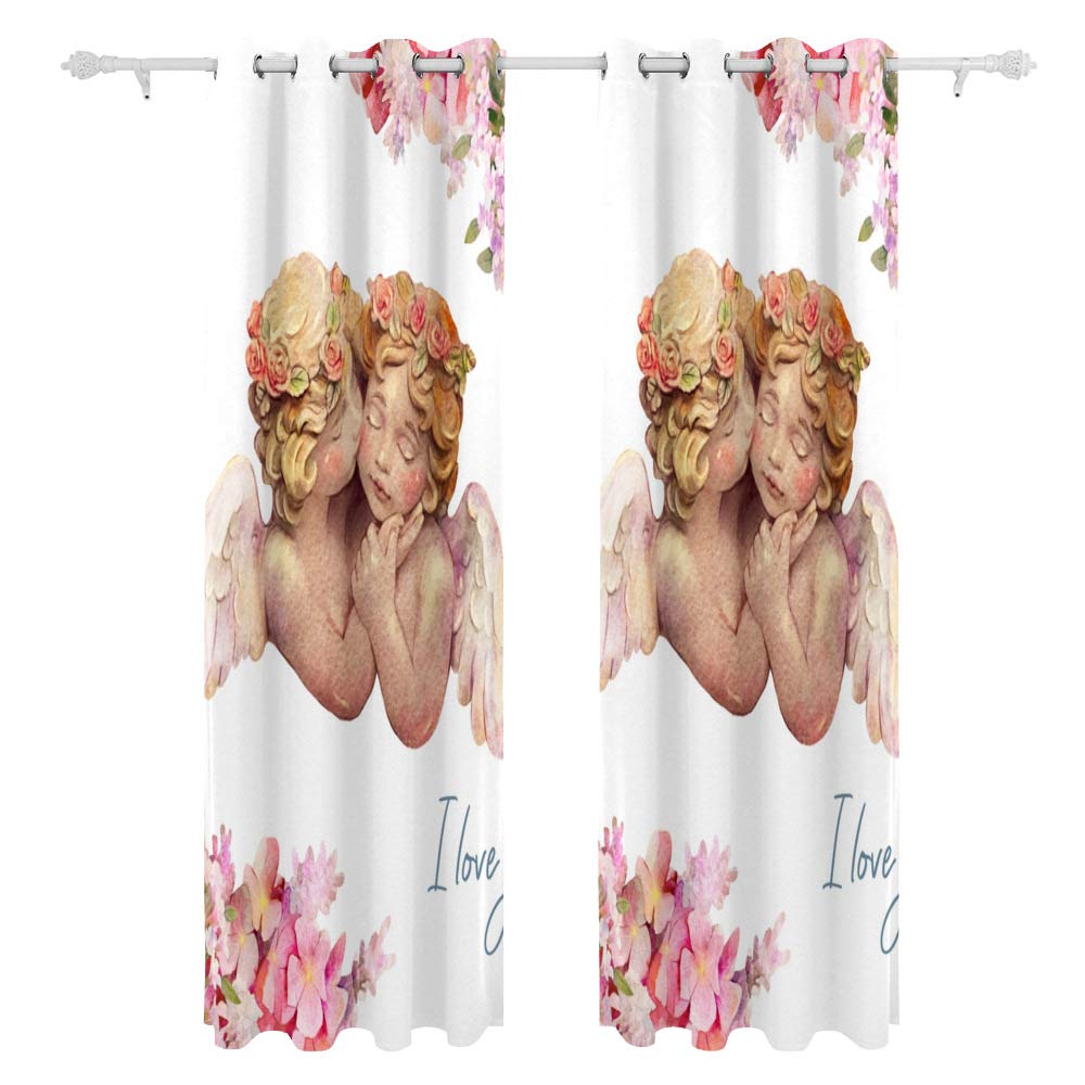 Kuizee Blackout Curtains 84x55 Inch - Sun Blocking Watercolor Angel Design for Living Room & Bedroom, Thermal Insulated Grommet Top Window Drapes (2 Panels) - Perfect for Nursery, Home Theater & Light-Sensitive Sleepers