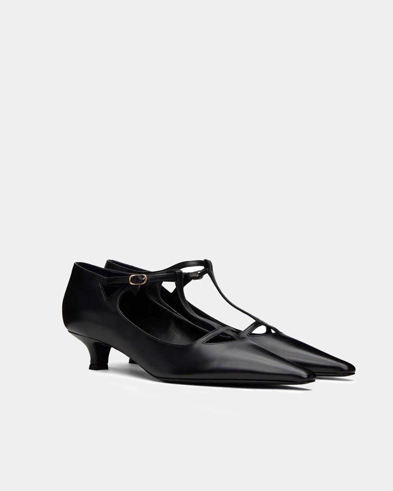 Black Leather T-Strap Kitten Heels - Women's Classic Pointed Toe Low Heel Pumps for Office, Wedding & Evening Wear