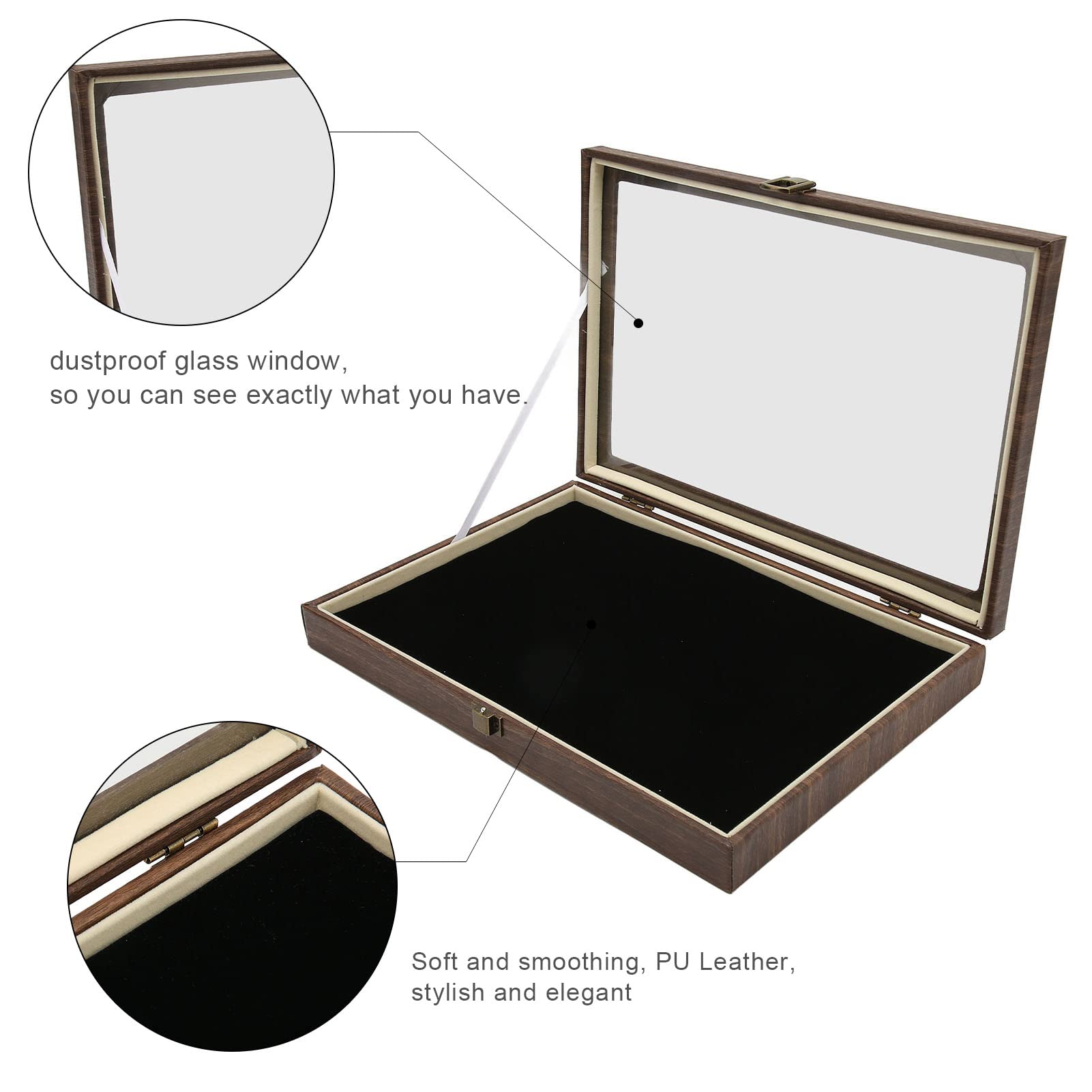 Premium PU Leather Shadow Box Display Case for Jewelry, Badges, Medals & Coins - Elegant Black Collector's Storage Box with Glass Front - Perfect for Showcasing Pins, Military Insignia, Awards & Memorabilia (Home Decor, Office Display, Gift Presentation)