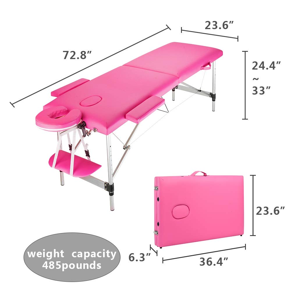 Portable Folding Aluminum Beauty Massage Table - 60CM Wide Pink for Home Spa & Salon - 2-Section Adjustable Design for Professional Massage Therapy