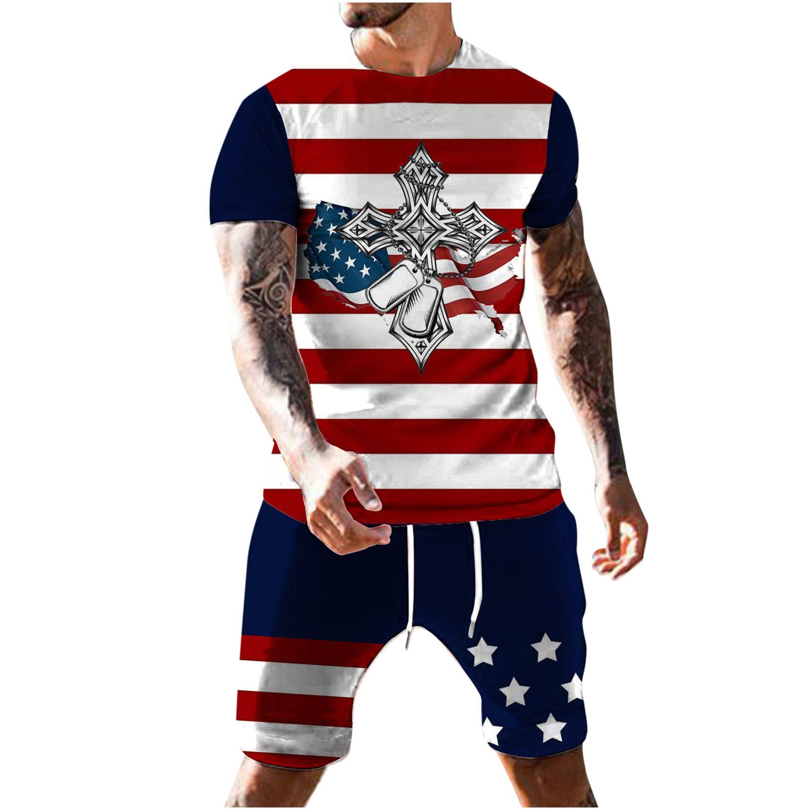 **Moxiu Men's 4th of July Patriotic 2-Piece Tracksuit Set - Short Sleeve Crew Neck T-Shirt & Sport Shorts - Summer Casual Outfit for BBQ, Beach & Independence Day Celebrations**