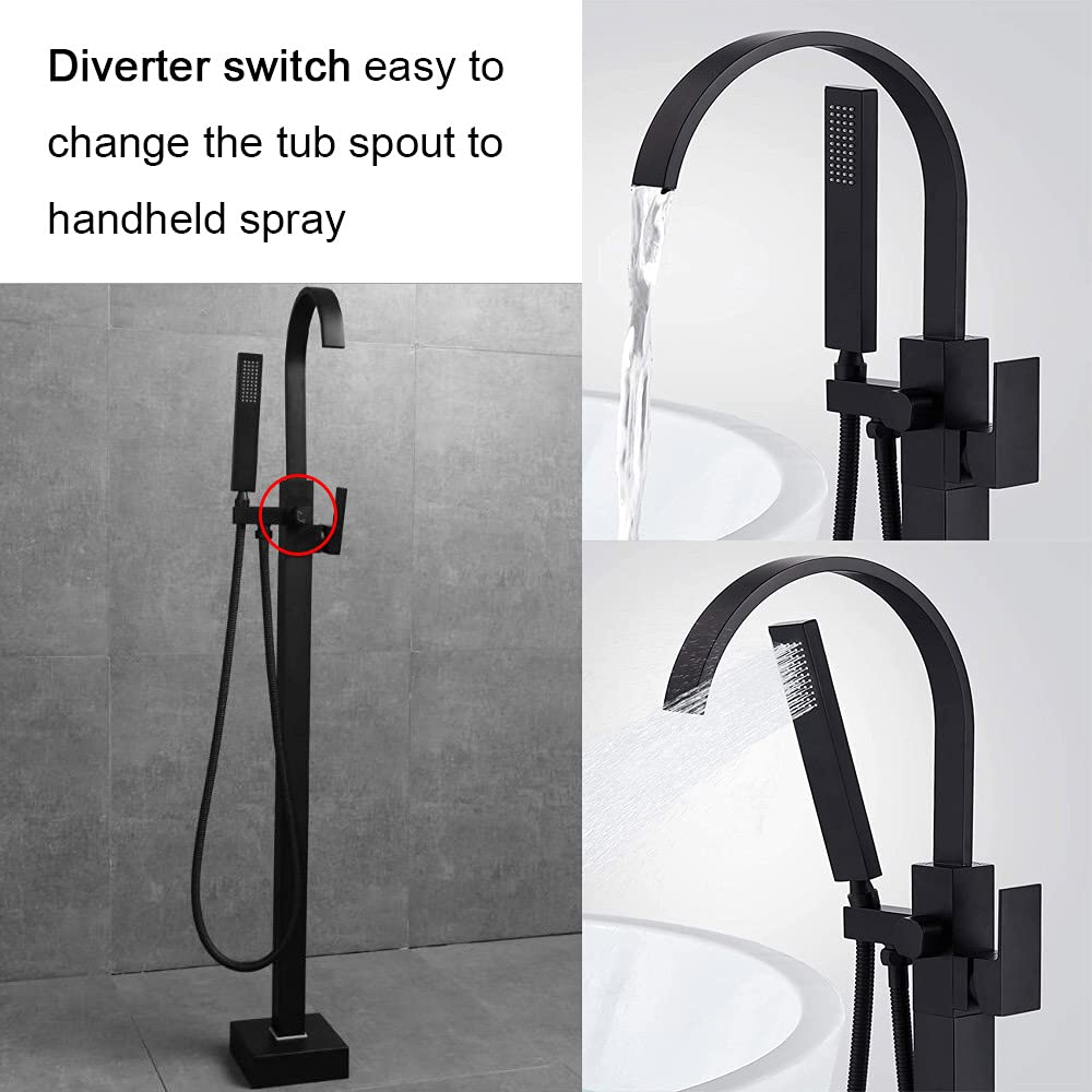 Matte Black Floor Mount Bathtub Faucet with Handheld Shower Mixer Tap - Premium Tub Filler & Shower Faucet Combo for Modern Bathroom Renovation | Perfect for Spa-Like Experience and Luxury Bathing