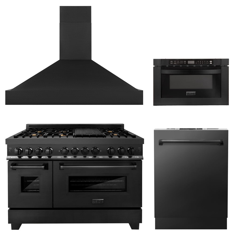 ZLINE 48-inch Black Stainless Steel Kitchen Package - Dual Fuel Range, Range Hood, Microwave Drawer & Dishwasher (4KP RABRH48 MWDW) | Professional Cooking & Modern Kitchen Upgrade
