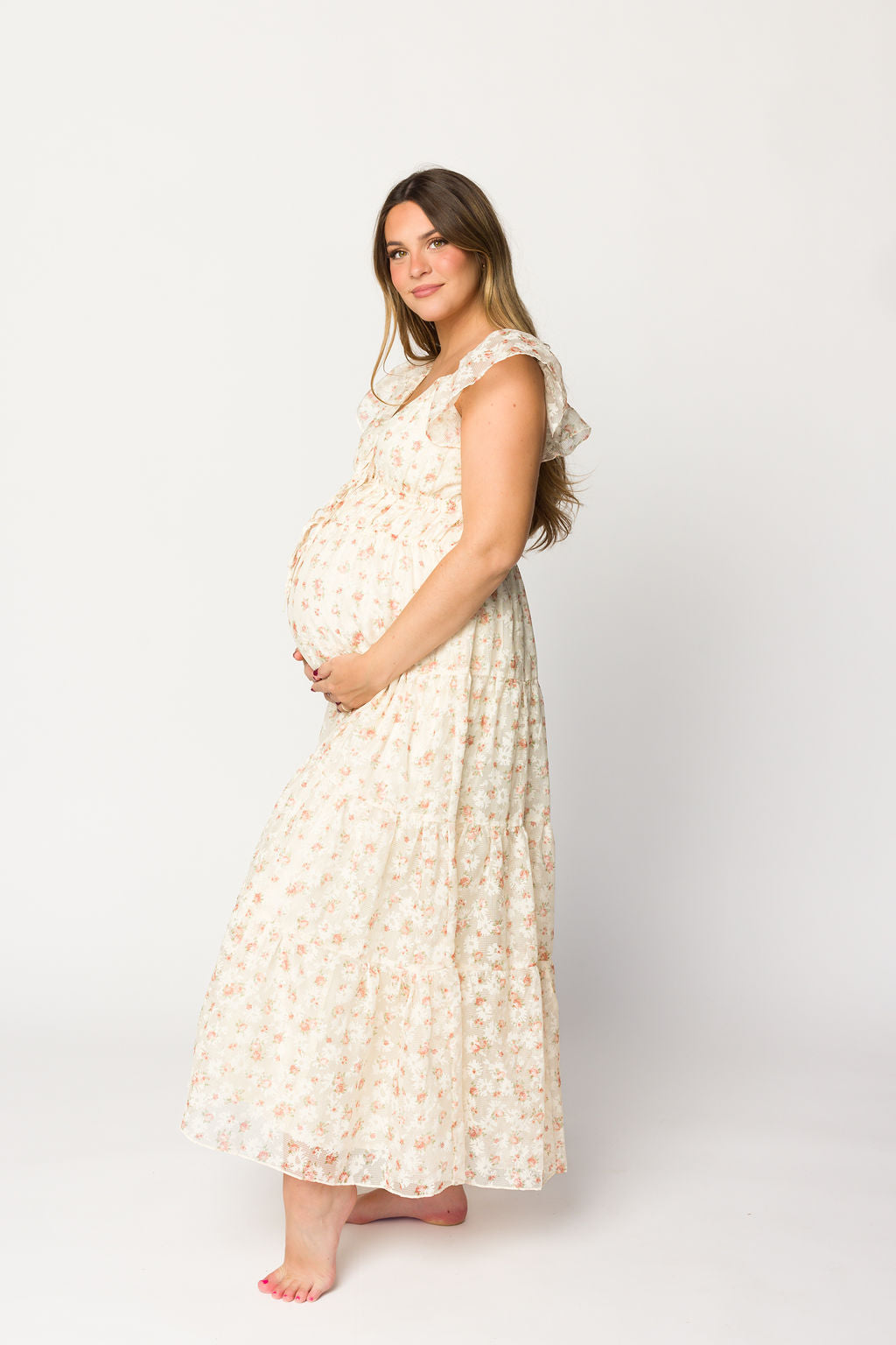 Elegant Floral & Gingham Ruffled Maxi Dress for Women - Cream Peach Summer Dress, Boho Chic Beach Wedding Guest Outfit, Perfect for Vacations & Outdoor Parties