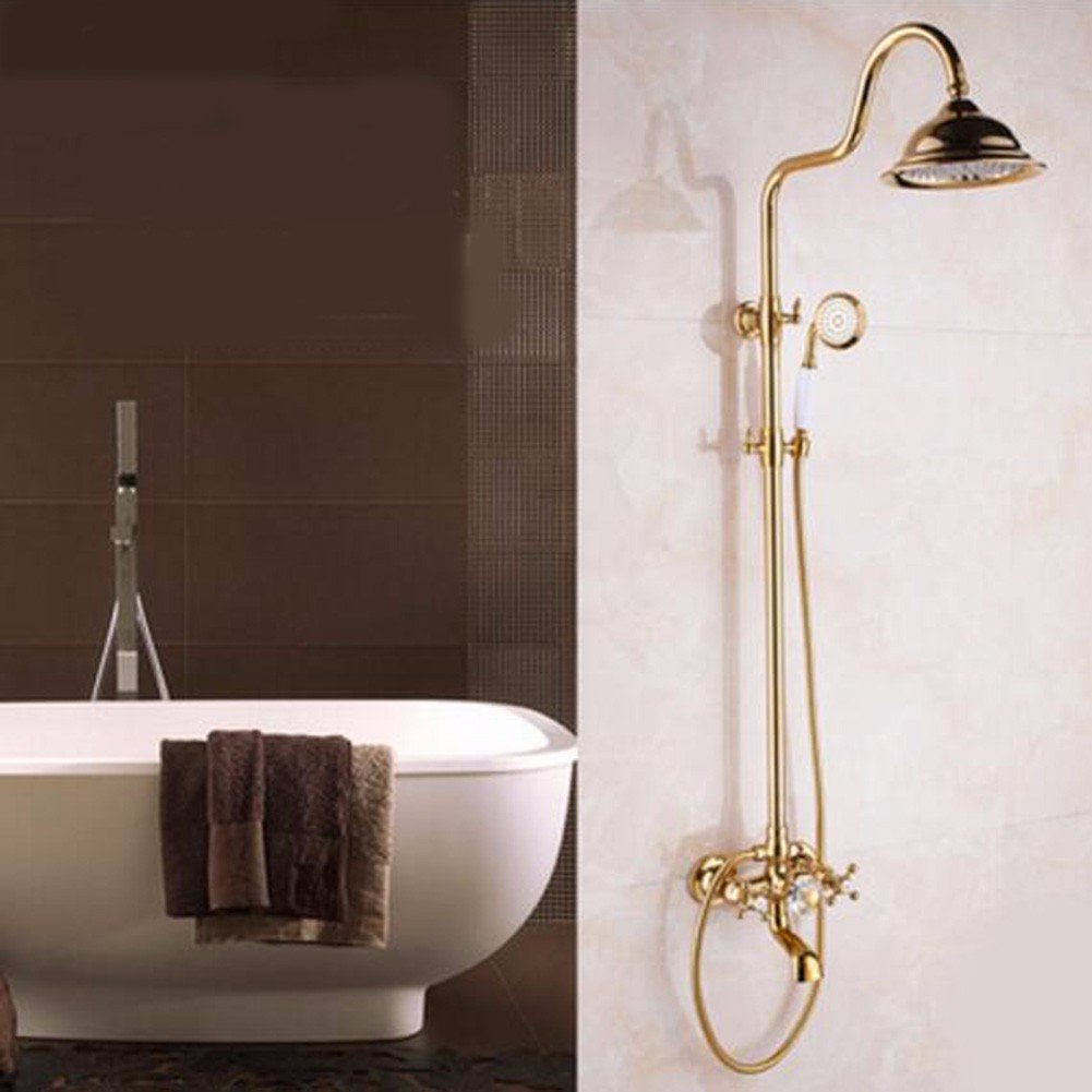Luxury Gold Antique European Style Shower Head Set - All Copper Gold-Plated Bathroom Shower with Hot & Cold Constant Temperature - Perfect for Vintage & Modern Bathroom Decor