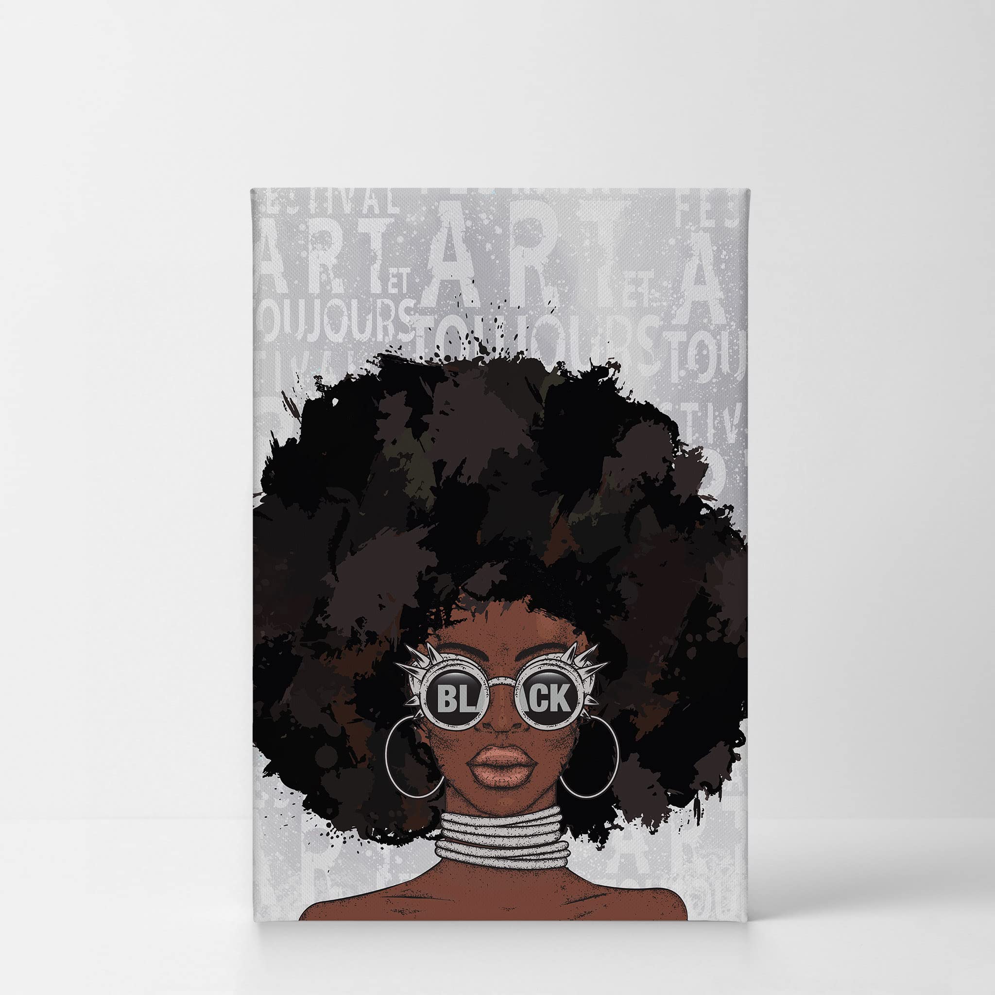 Afro Woman Canvas Wall Art Print - African American Girl Pop Art with Gray Graffiti & Black Sunglasses - 12x8 Inches Ready to Hang - Perfect for Vanity Room, Living Room, Bedroom & Bathroom Decor